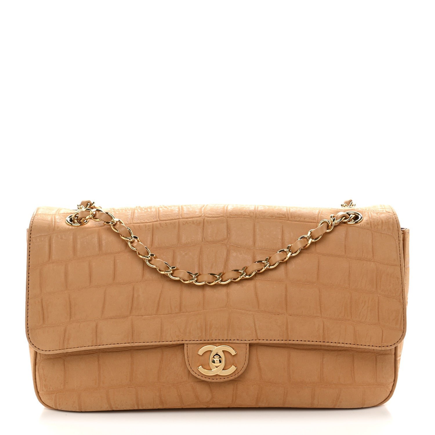 Chanel Suede Calfskin Crocodile Embossed Small Souplissimo Maxi Flap Camel