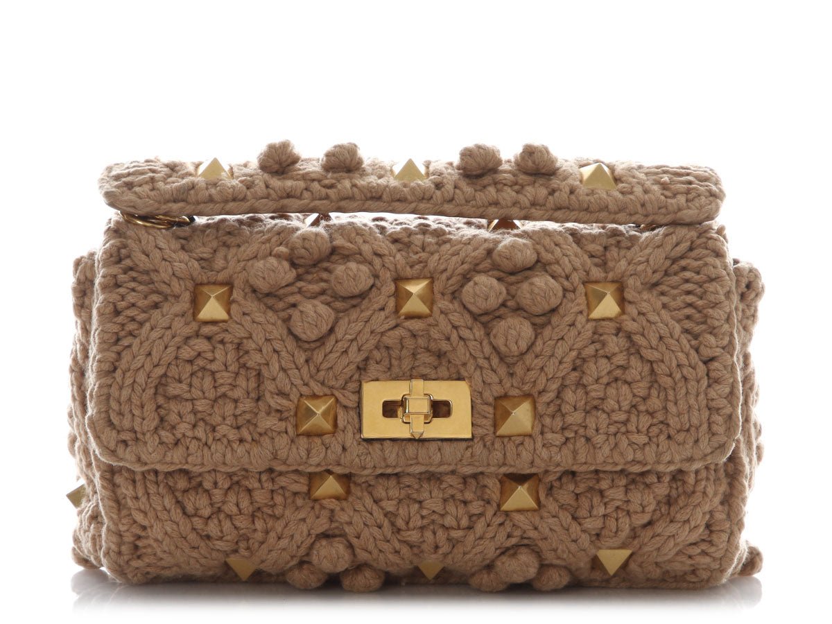 Valentino Valentino Brown Knit Cashmere Rockstud Roman Bag