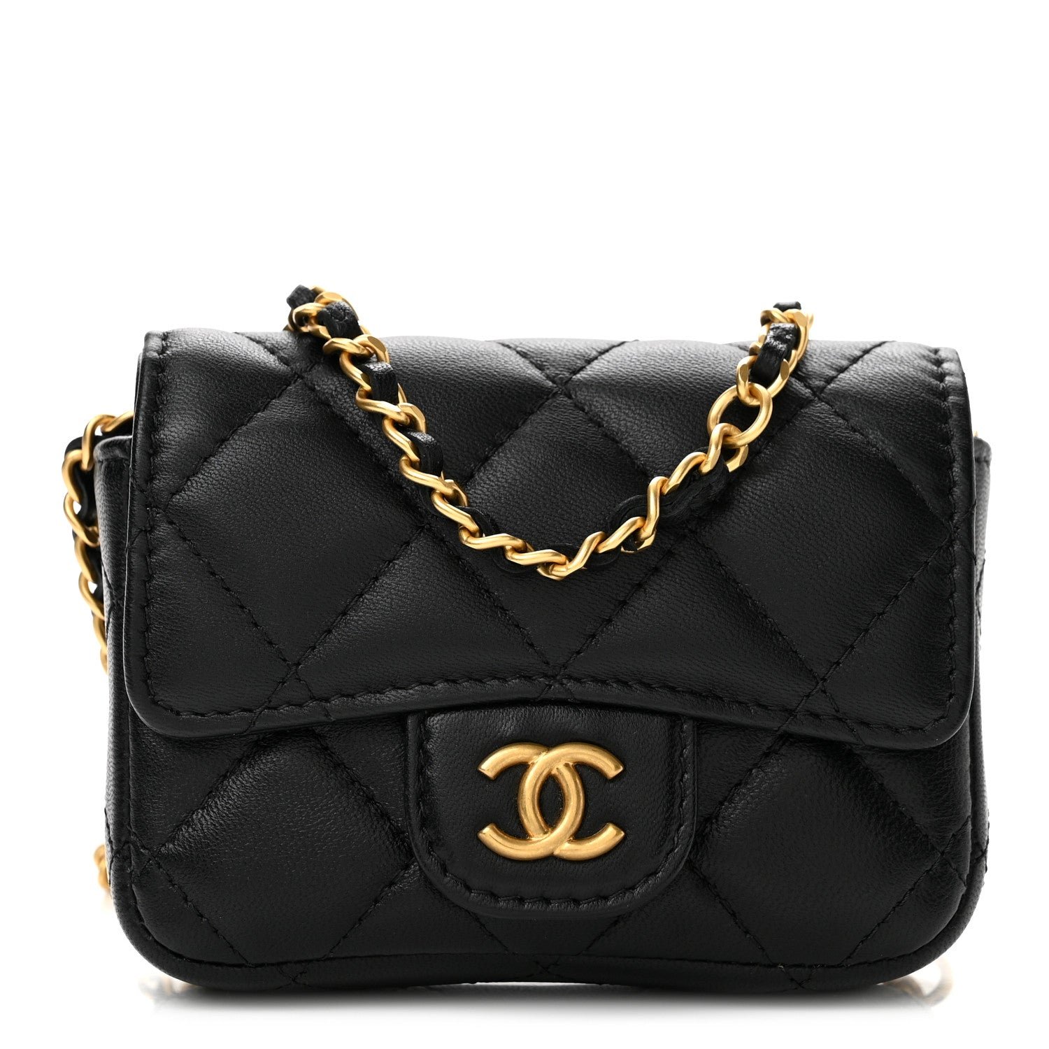 Chanel Lambskin Coco Enamel Quilted Mini Chain Belt Bag Black