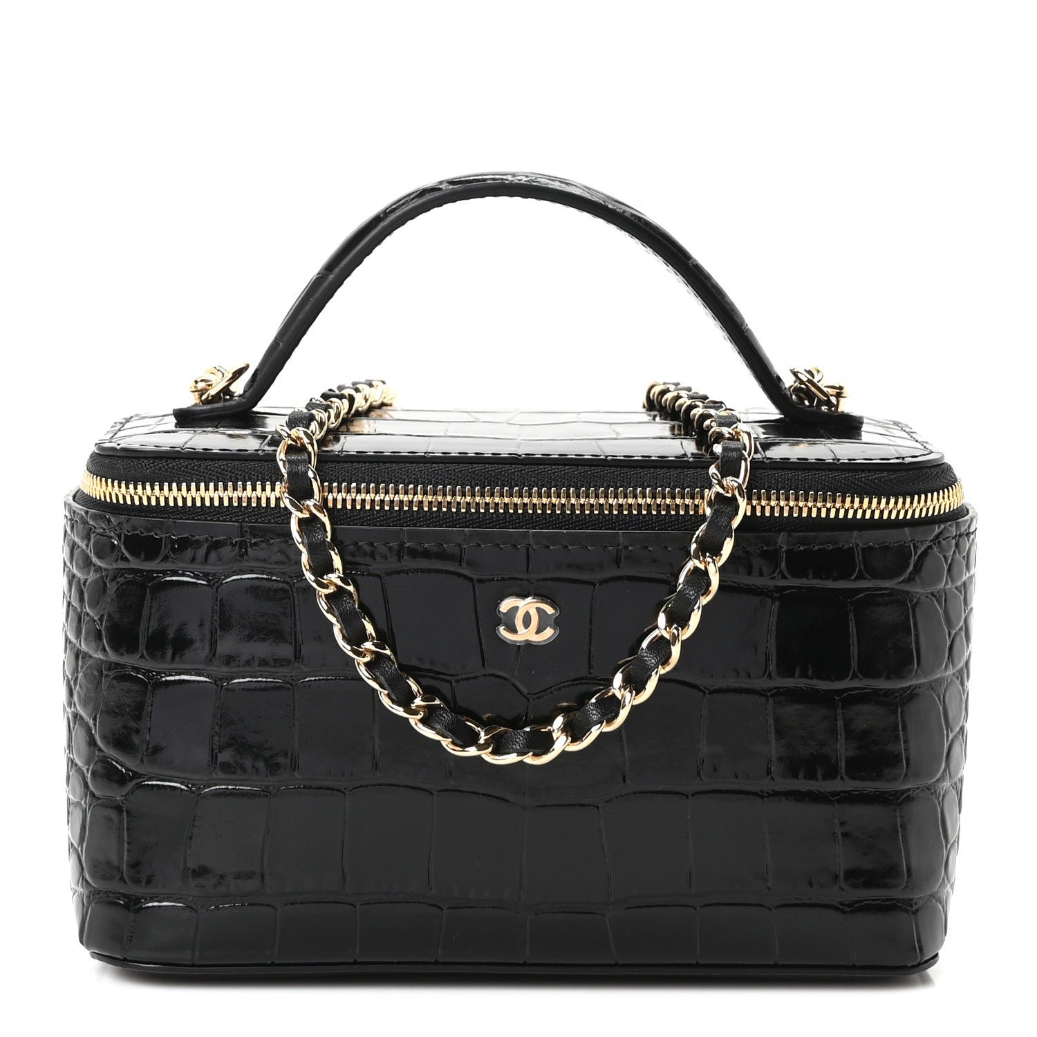 Chanel Calfskin Crocodile Embossed Crococo Small Top Handle Vanity Case With Chain Black