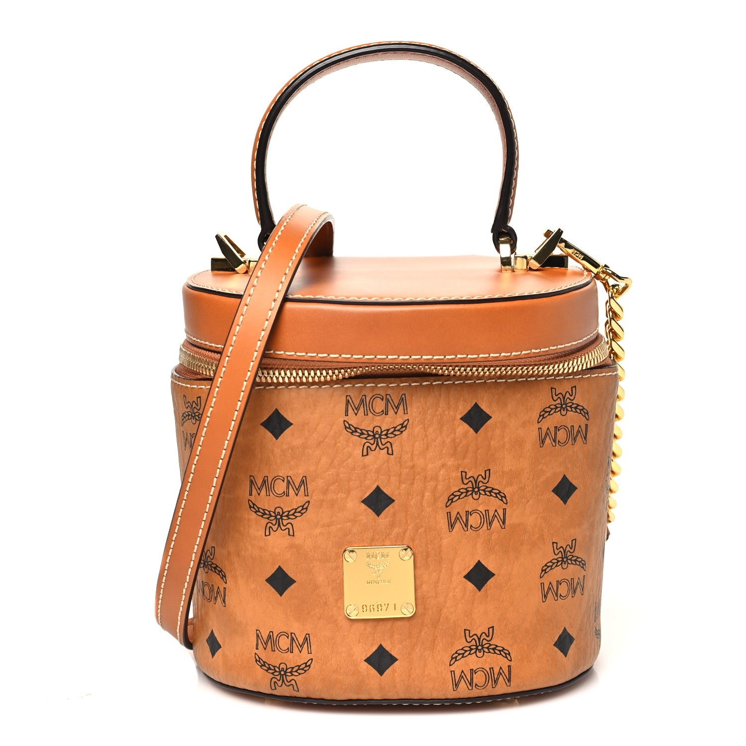 MCM MCM Visetos Small Cylinder Crossbody Bag Cognac