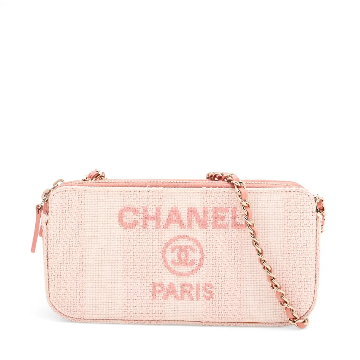 Chanel Deauville Straw Chain Wallet Pink Gold Metal Fittings 29th