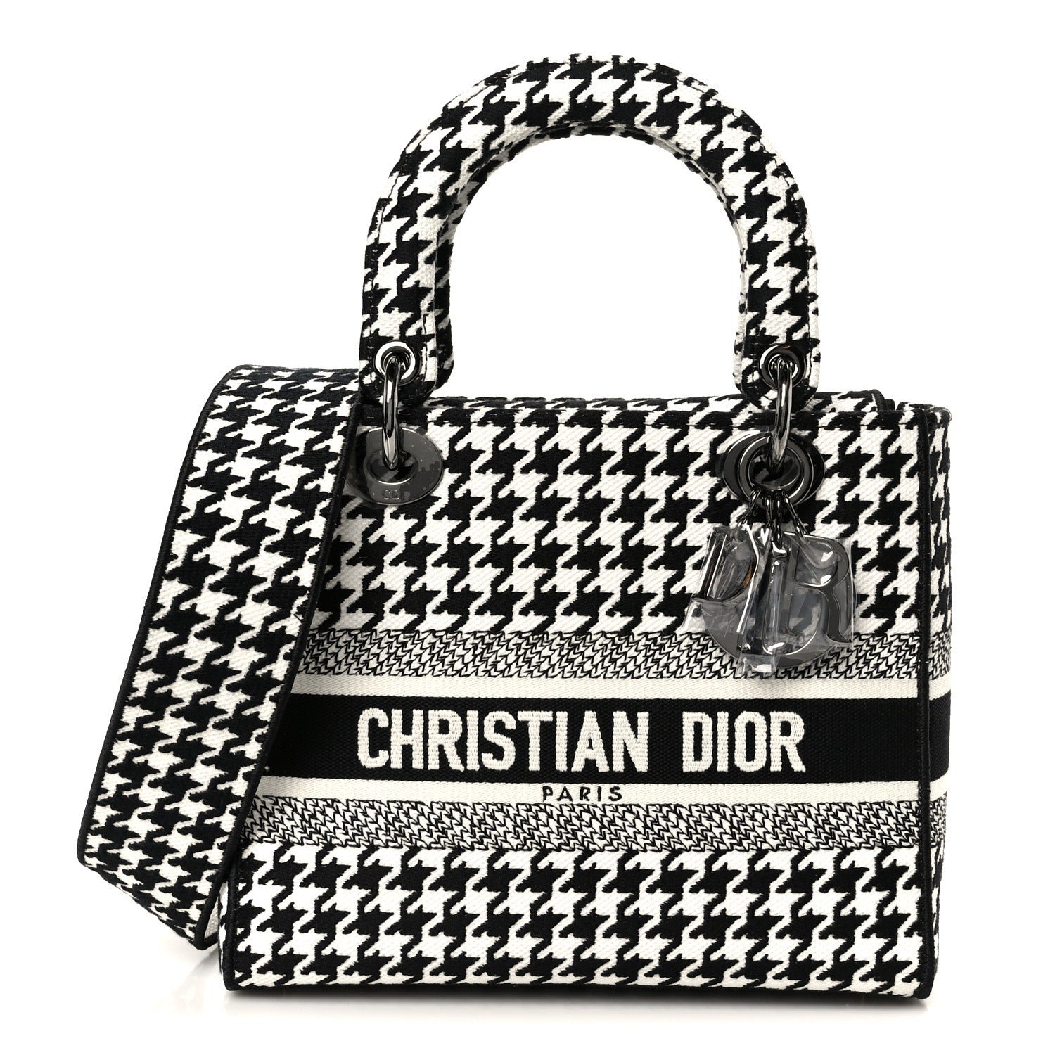 Dior Canvas Houndstooth Embroidered Medium Lady D-Lite Black White