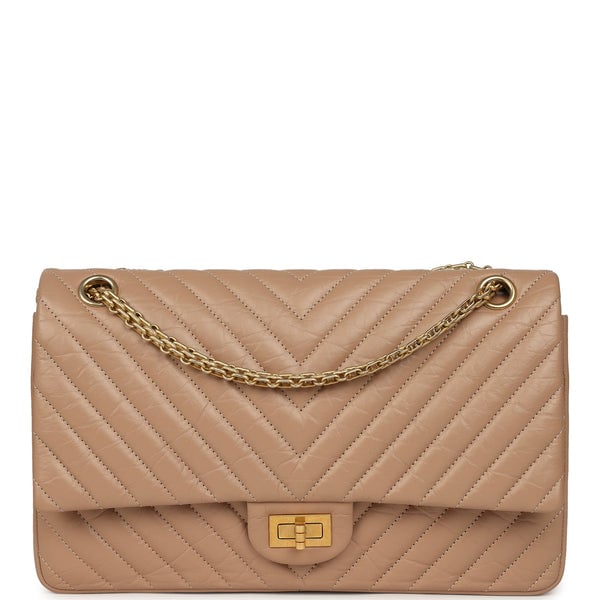 Pre-owned Chanel Medium Chevron Reissue 226 2.55 Double Flap Bag Beige Aged Calfskin Antique Gold Hardware