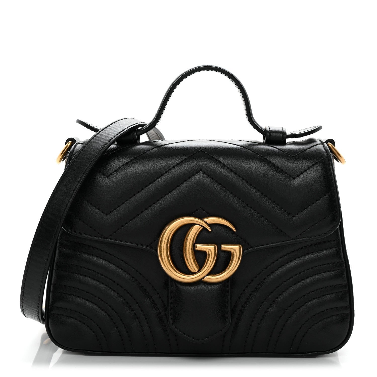 Gucci Calfskin Matelasse Mini GG Marmont Top Handle Shoulder Bag Black