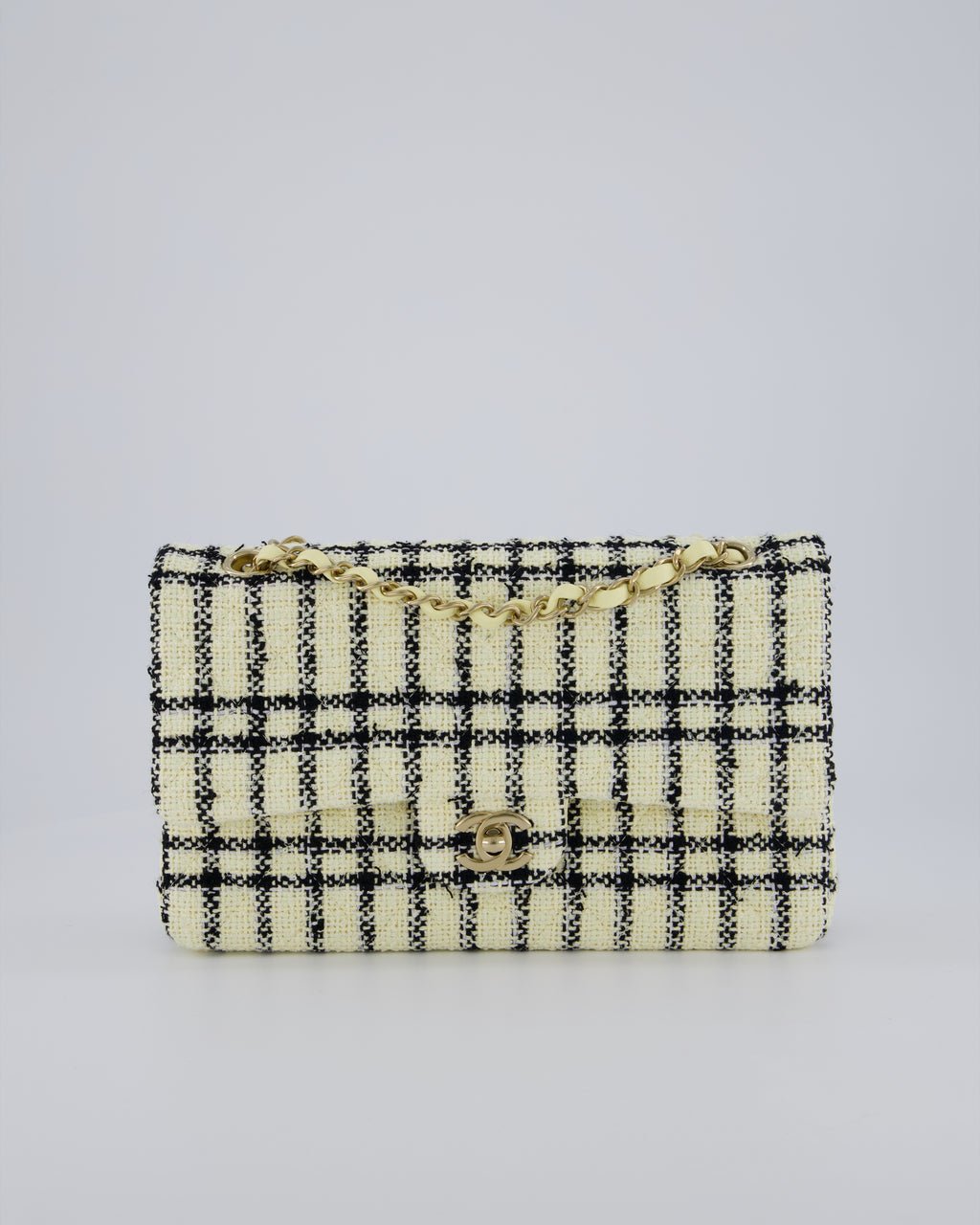Chanel Pastel Yellow, Black Check Tweed Medium Classic Double Flap Bag with Champagne Gold Hardware