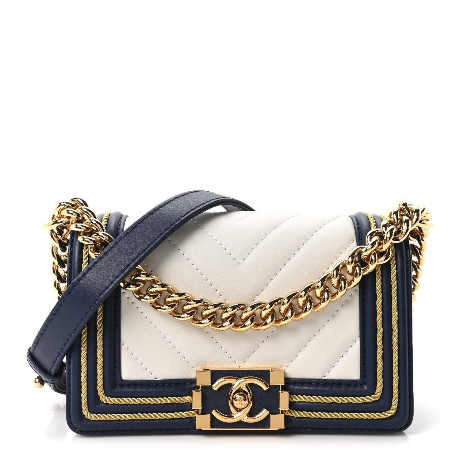 Chanel Calfskin Chevron Quilted Braided Small Boy Flap White Navy