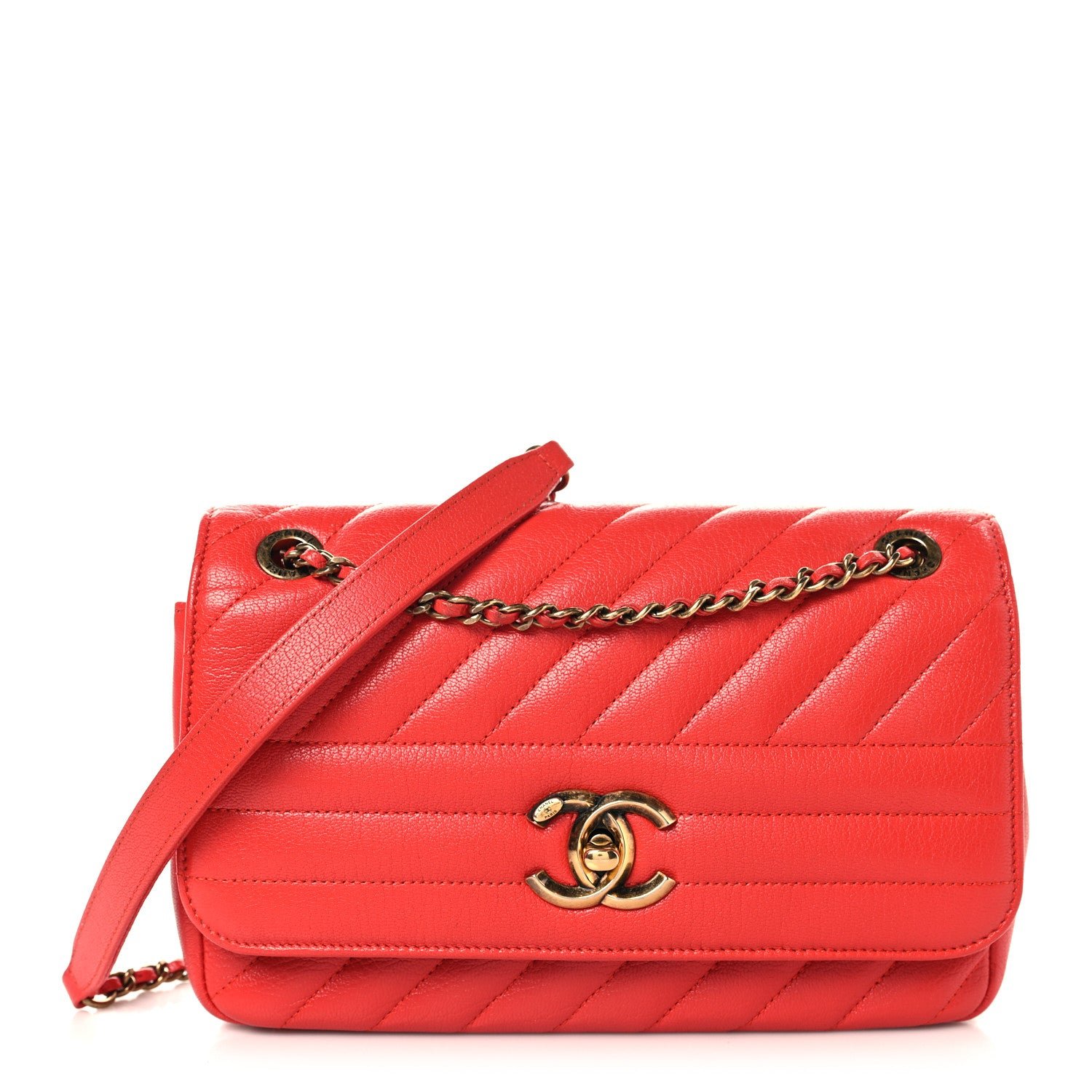 Chanel Shiny Goatskin Diagonal Quilted Small Flap Red