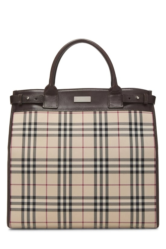 Brown Nylon House Check Convertible Tote Medium