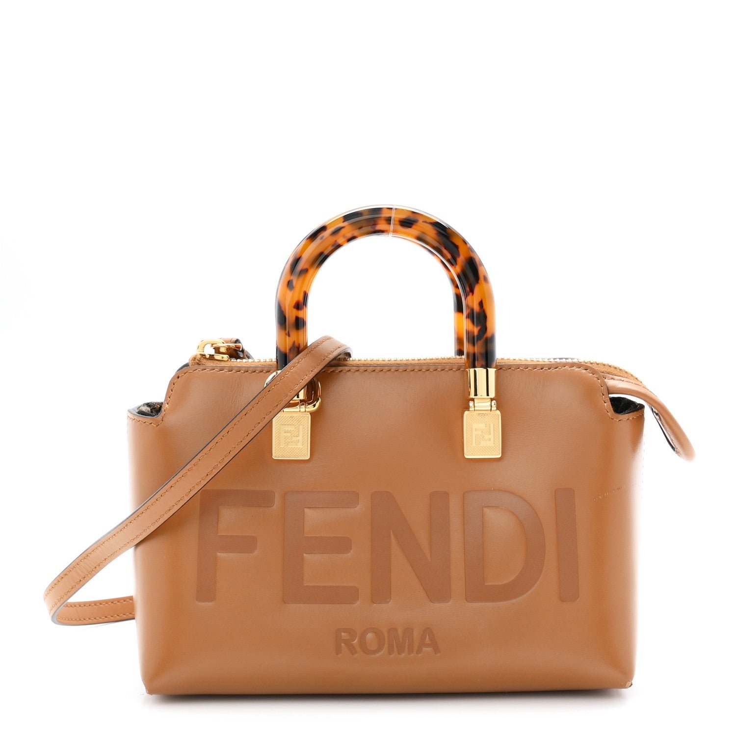 Fendi Vitello King Plexiglass Logo Embossed Mini By The Way Top Handle Boston Bag Caramello