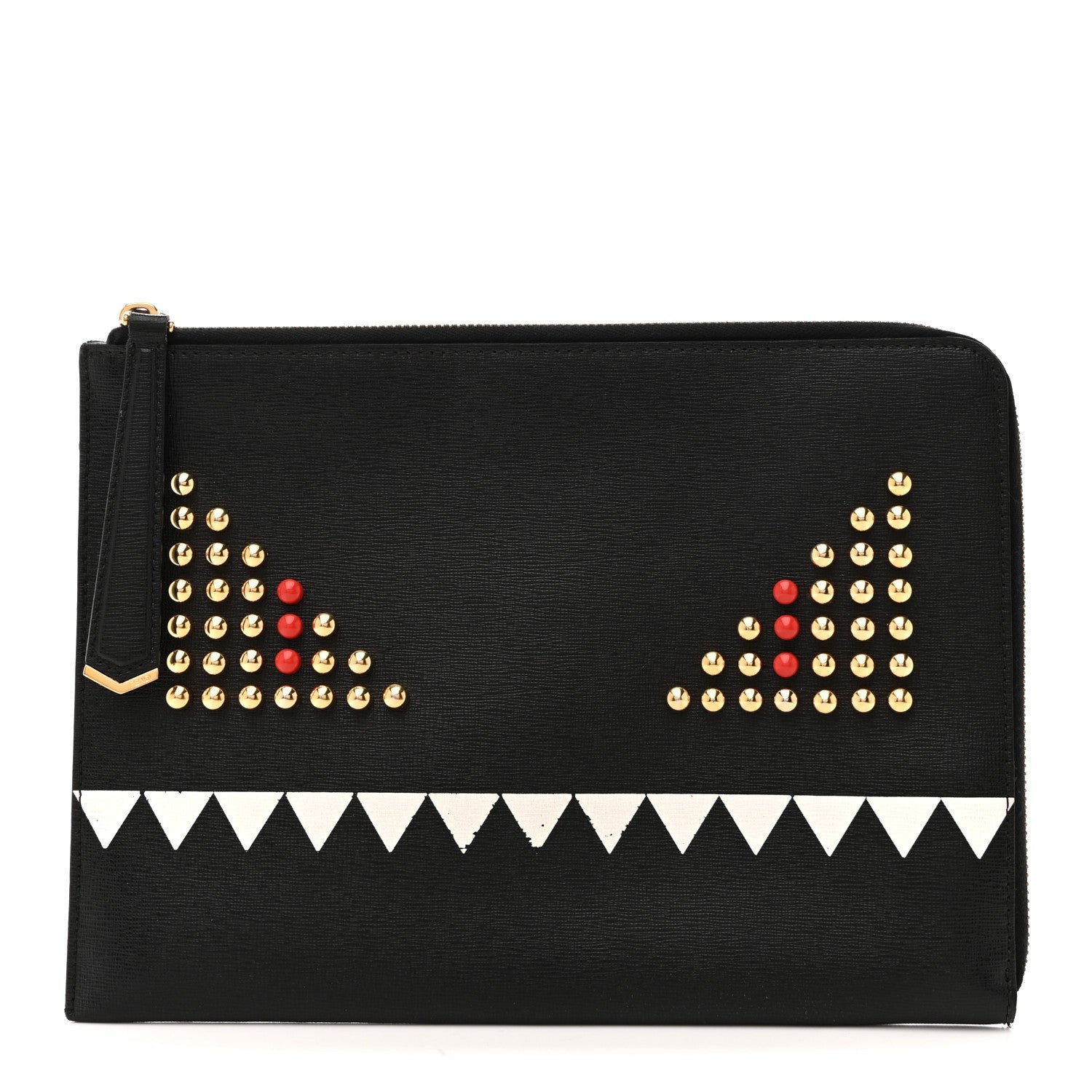 Fendi Vitello Elite Monster Eyes Studded Zip Around Pouch Black