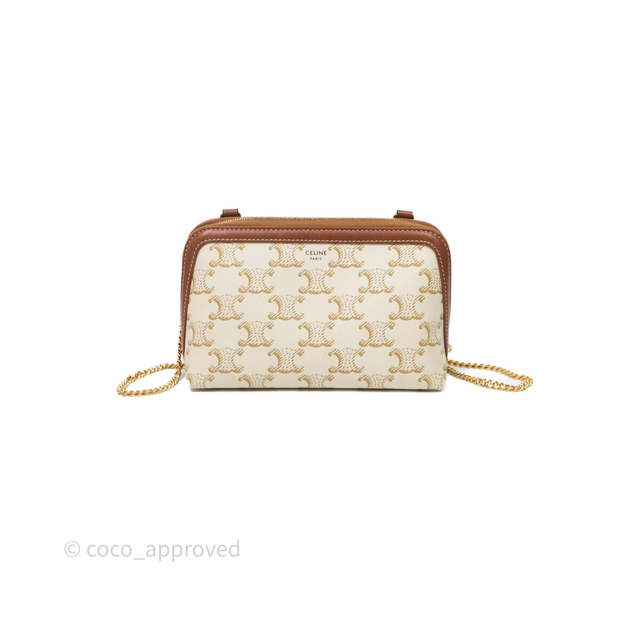 Celine Clutch With Chain Triomphe Canvas White/Tan