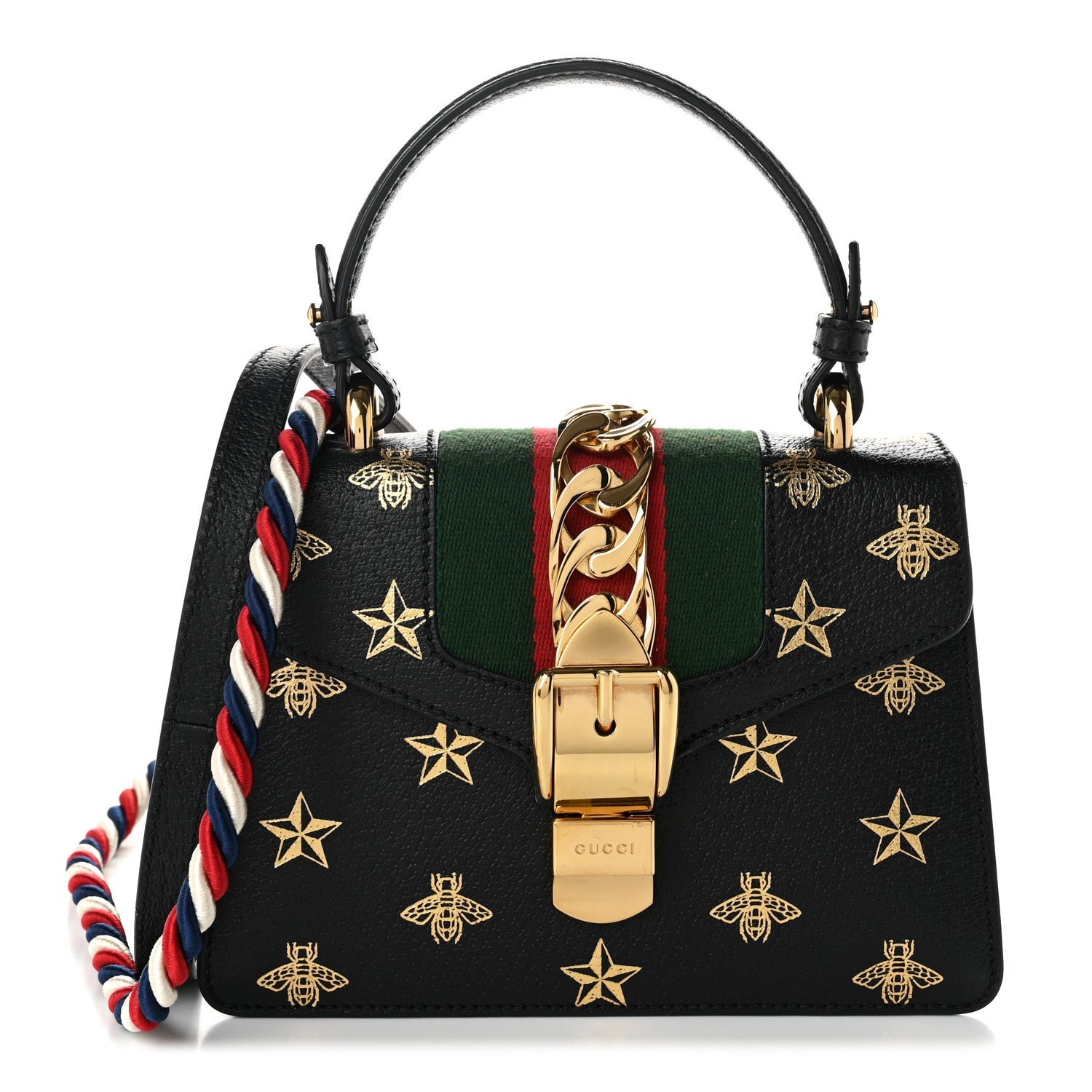 Gucci Textured Calfskin Bee Star Print Mini Sylvie Top Handle Bag Black