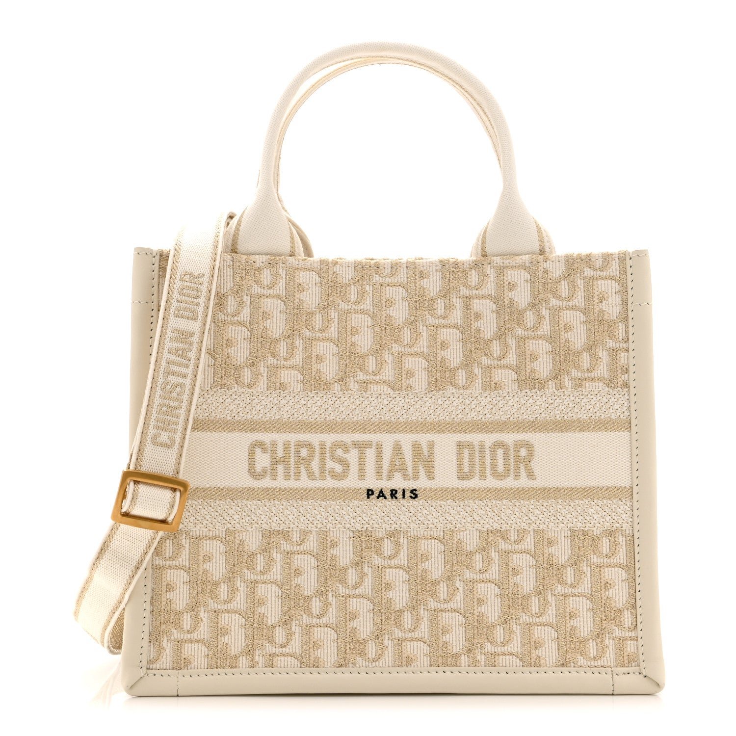 Christian Dior Oblique Chambray Calfskin Small Book Tote With Strap Gold Natural