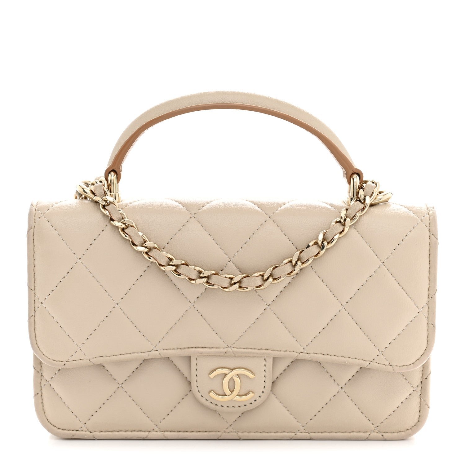 Chanel Lambskin Quilted Flap Phone Holder With Chain Ecru Dark Beige