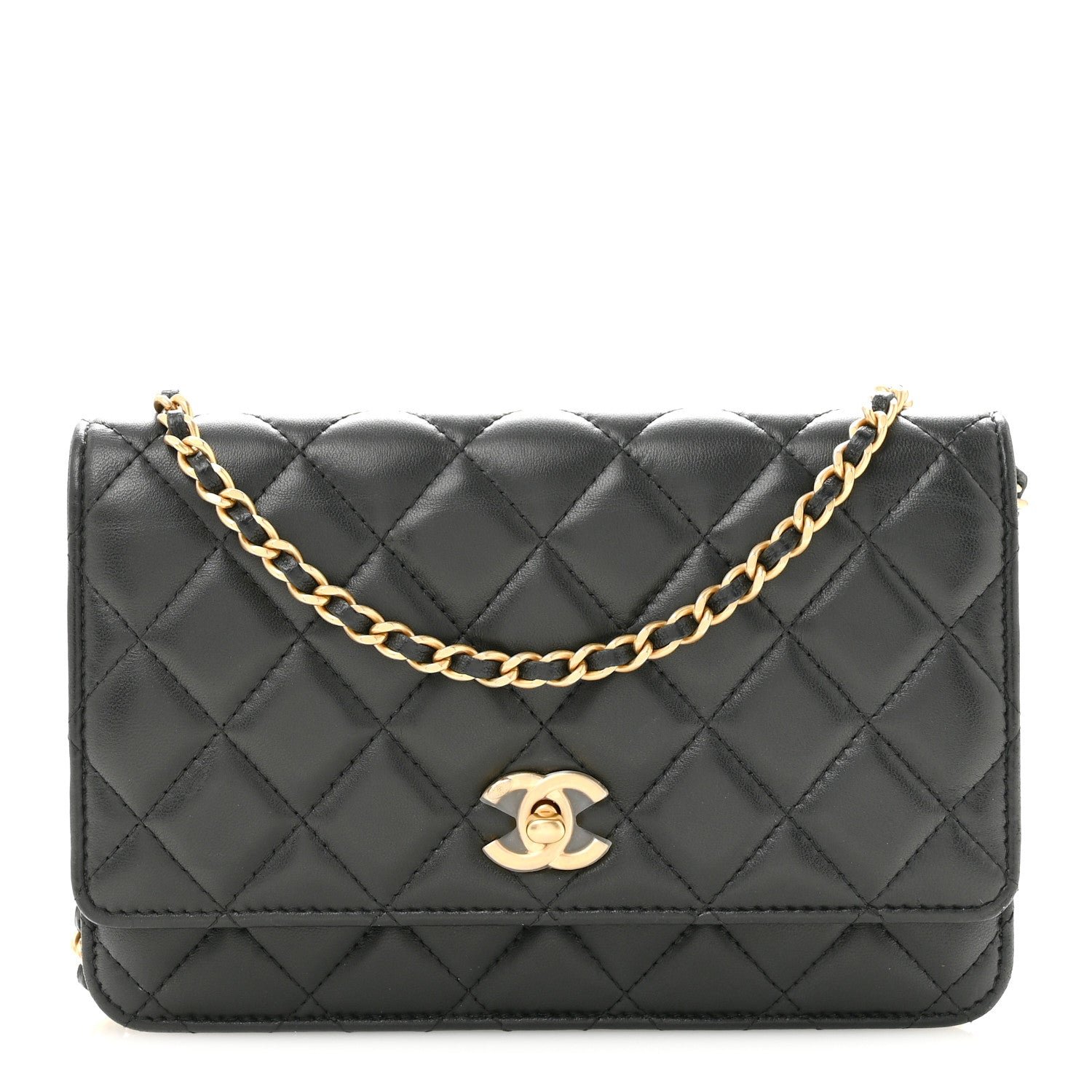 Chanel Lambskin Quilted CC Pearl Crush Wallet on Chain WOC Black