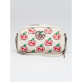 Gucci White Quilted Leather Apple Print Marmont Small Camera Bag