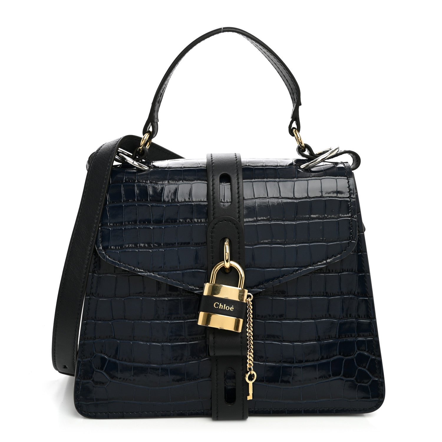 Chloe Calfskin Crocodile Embossed Medium Aby Day Shoulder Bag Full Blue