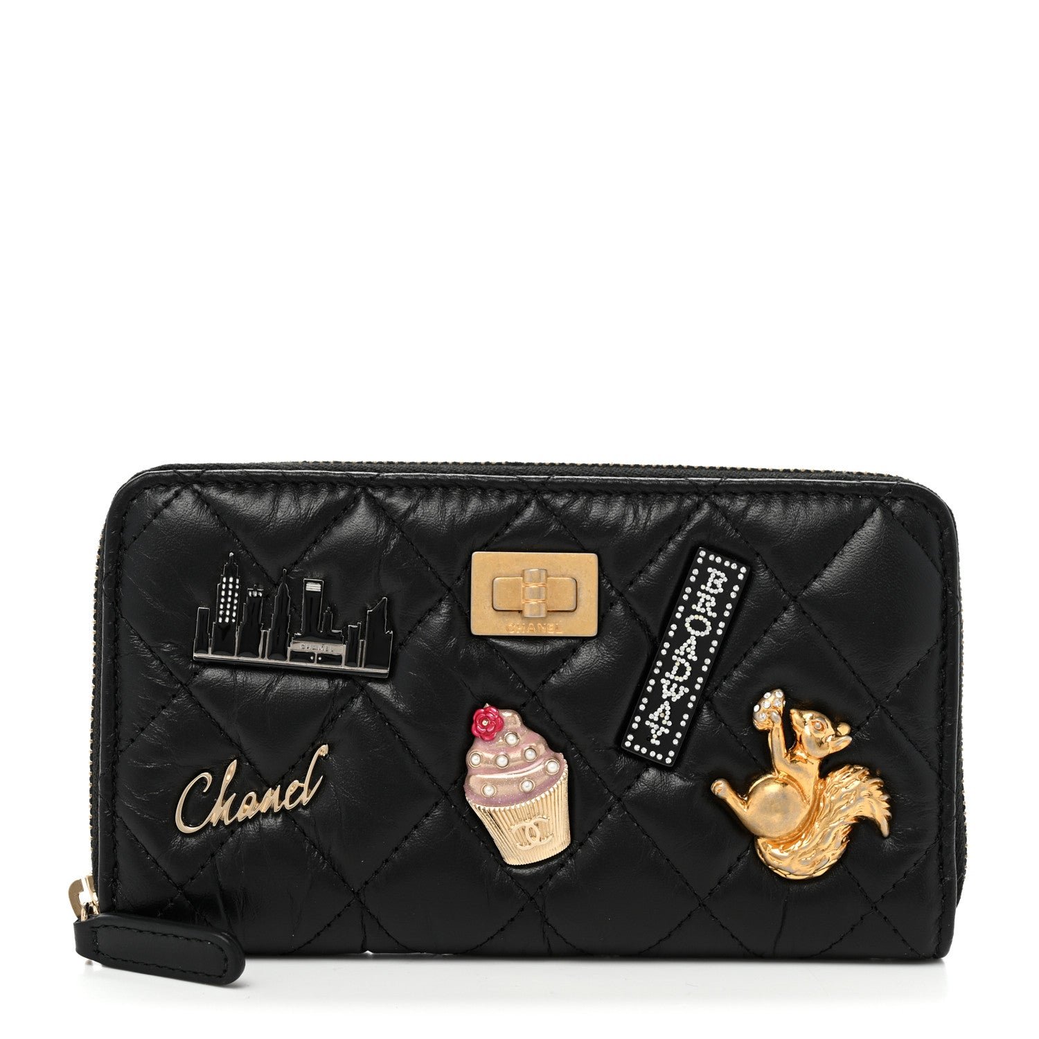 Chanel Aged Calfskin Quilted Small New York Charms 2.55 Reissue Zip Around Wallet Black