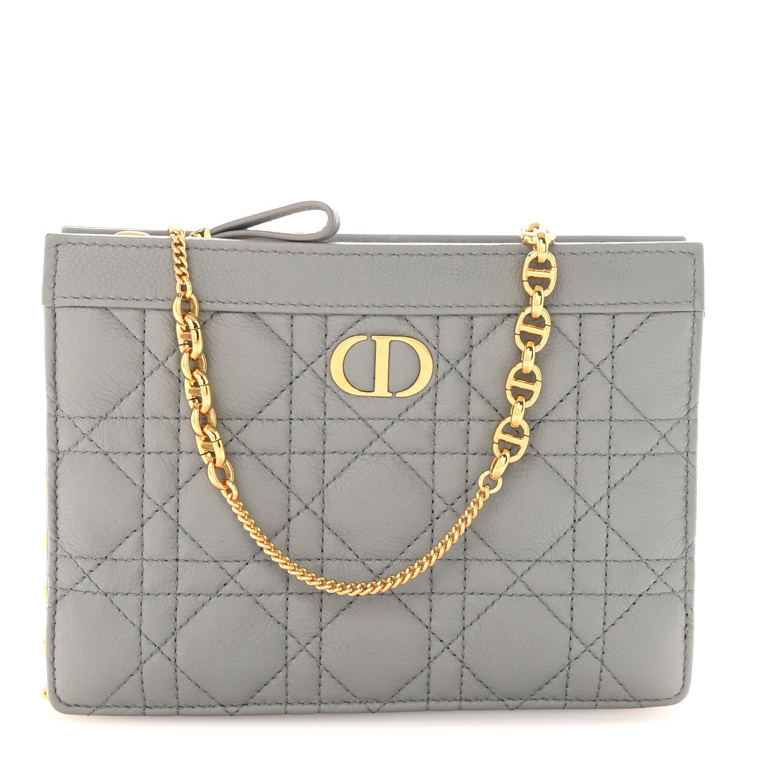 Christian Dior Calfskin Cannage Caro Zipped Pouch With Chain Grey
