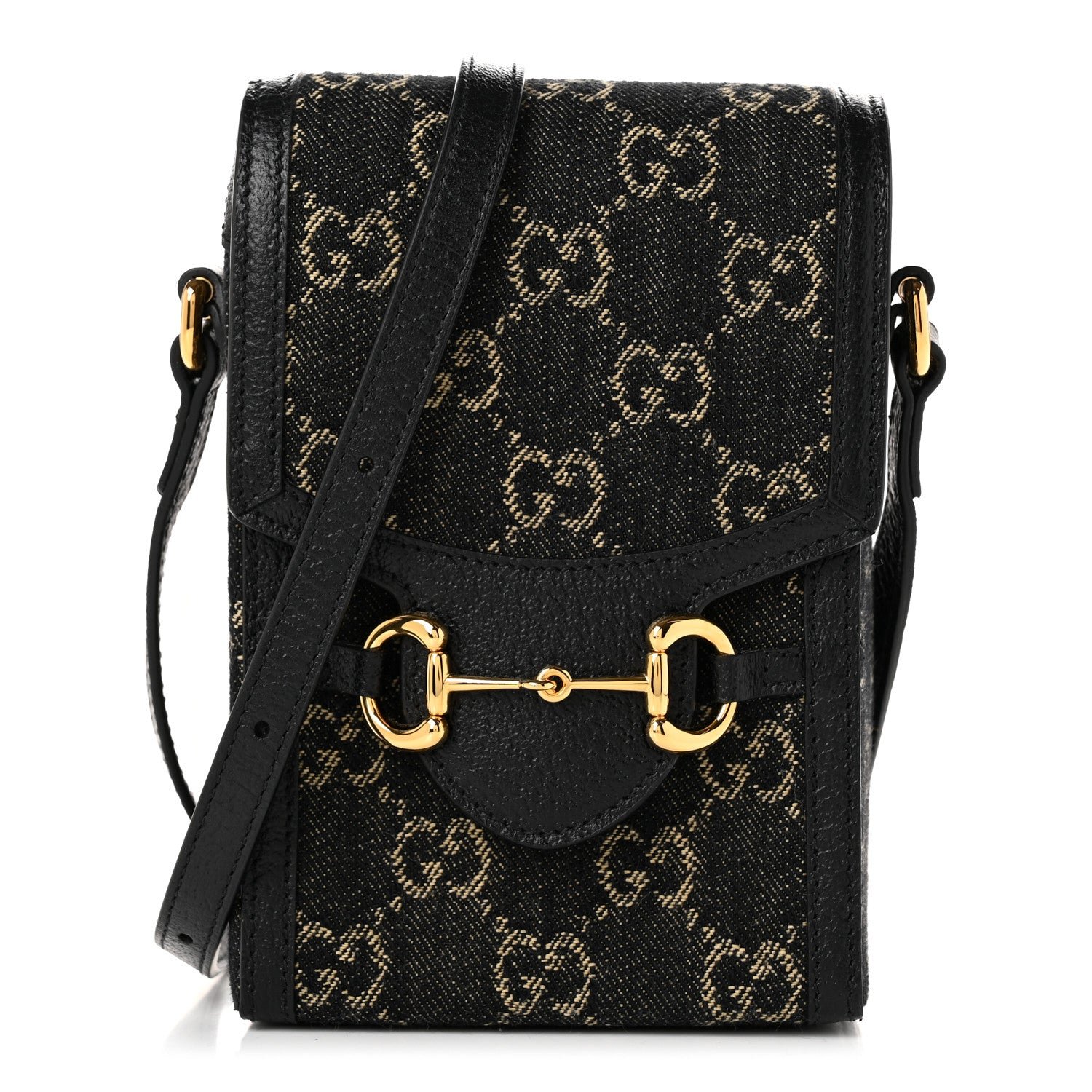 Gucci Jacquard Black Denim GG Monogram Textured Dollar Calfskin Mini Horsebit 1955 Crossbody Bag Black Ivory