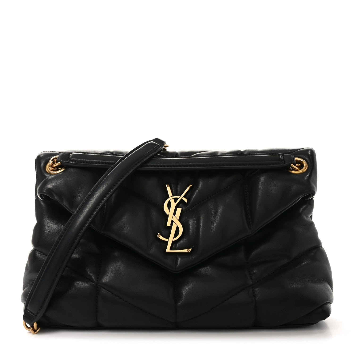 Saint Laurent Lambskin Quilted Small Loulou Puffer Monogram Chain Satchel Black