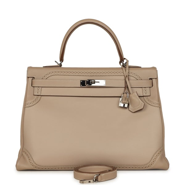Pre-owned Hermes Ghillies Kelly Retourne 35 Argile Swift and Grain D'H Palladium Hardware