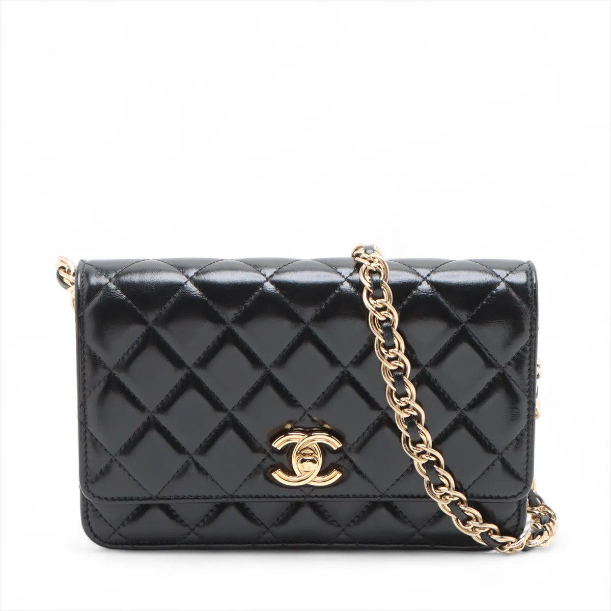 Chanel Matelasse Lambskin Chain Wallet Black Gold Metal Fittings random plate AP