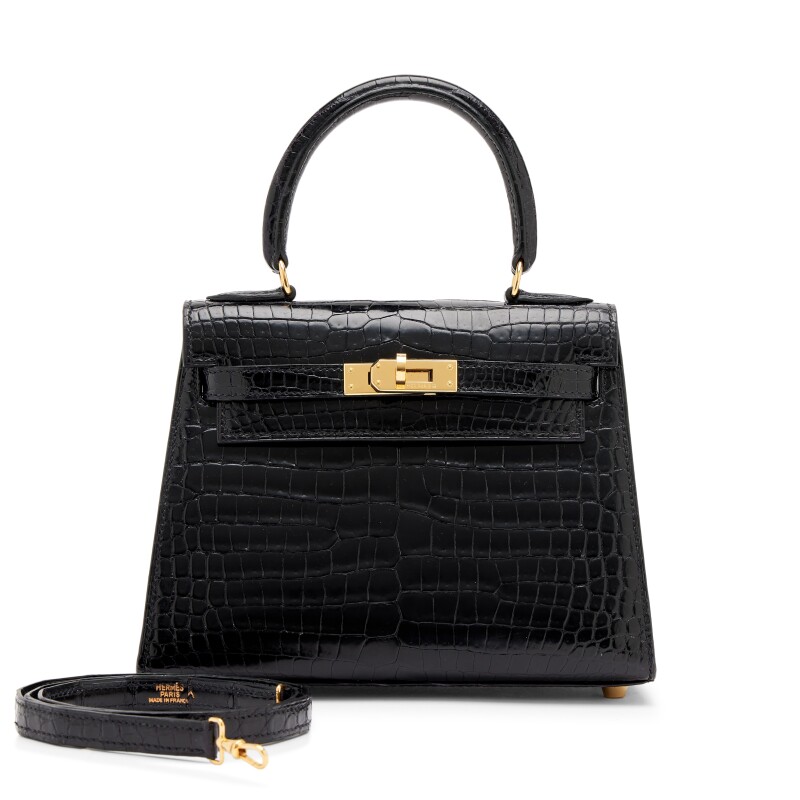Vintage Black Shiny Porosus Crocodile Mini Kelly 20 Gold Hardware, 2002