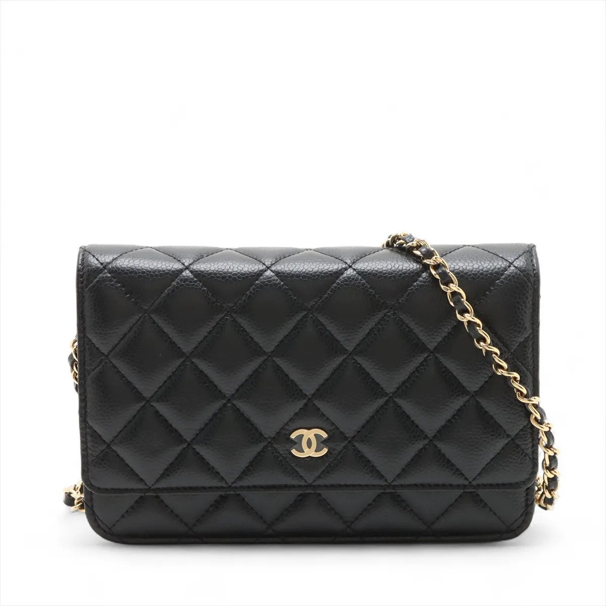 Chanel Matelasse Caviar Skin Chain Wallet Black Gold Metal Fittings random plate