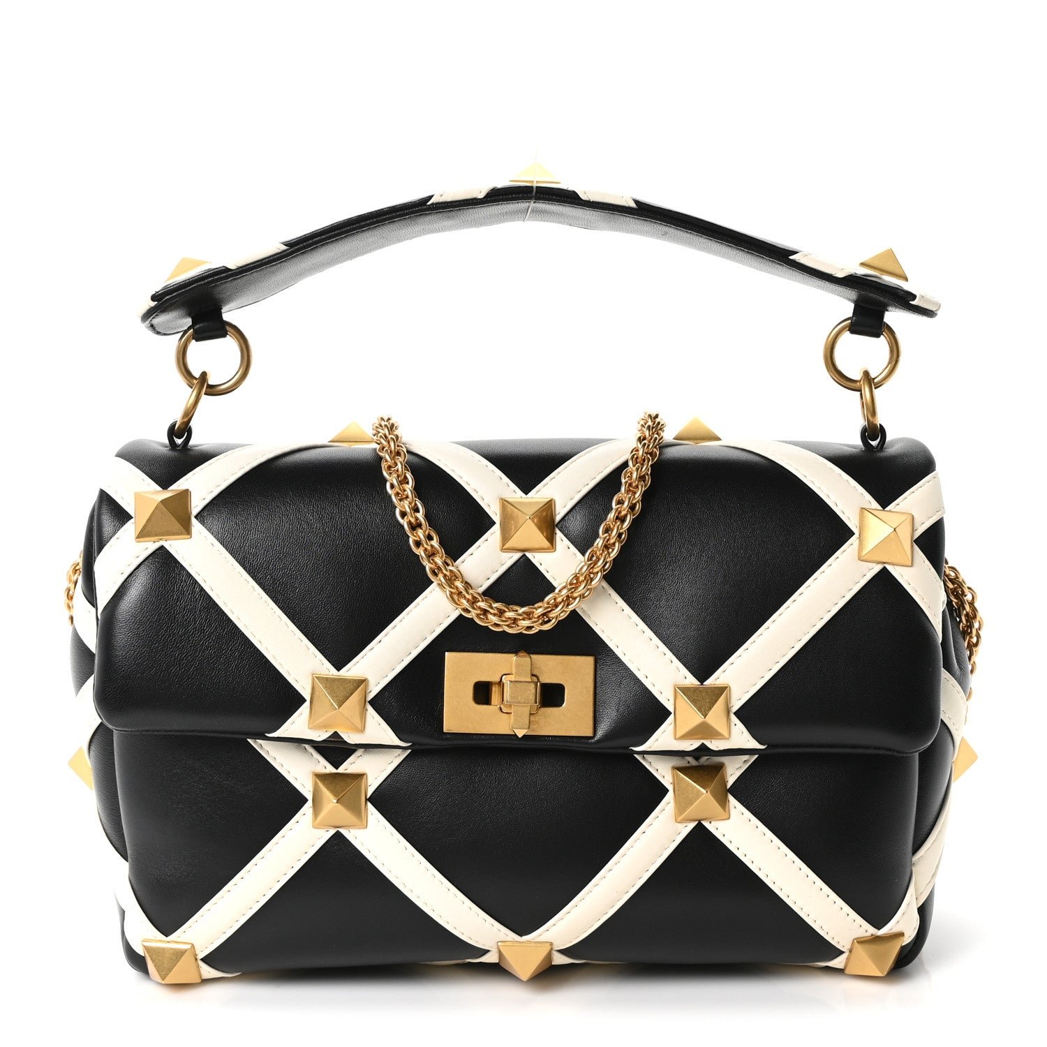 Valentino Garavani Nappa Large Roman Stud Shoulder Bag Black White
