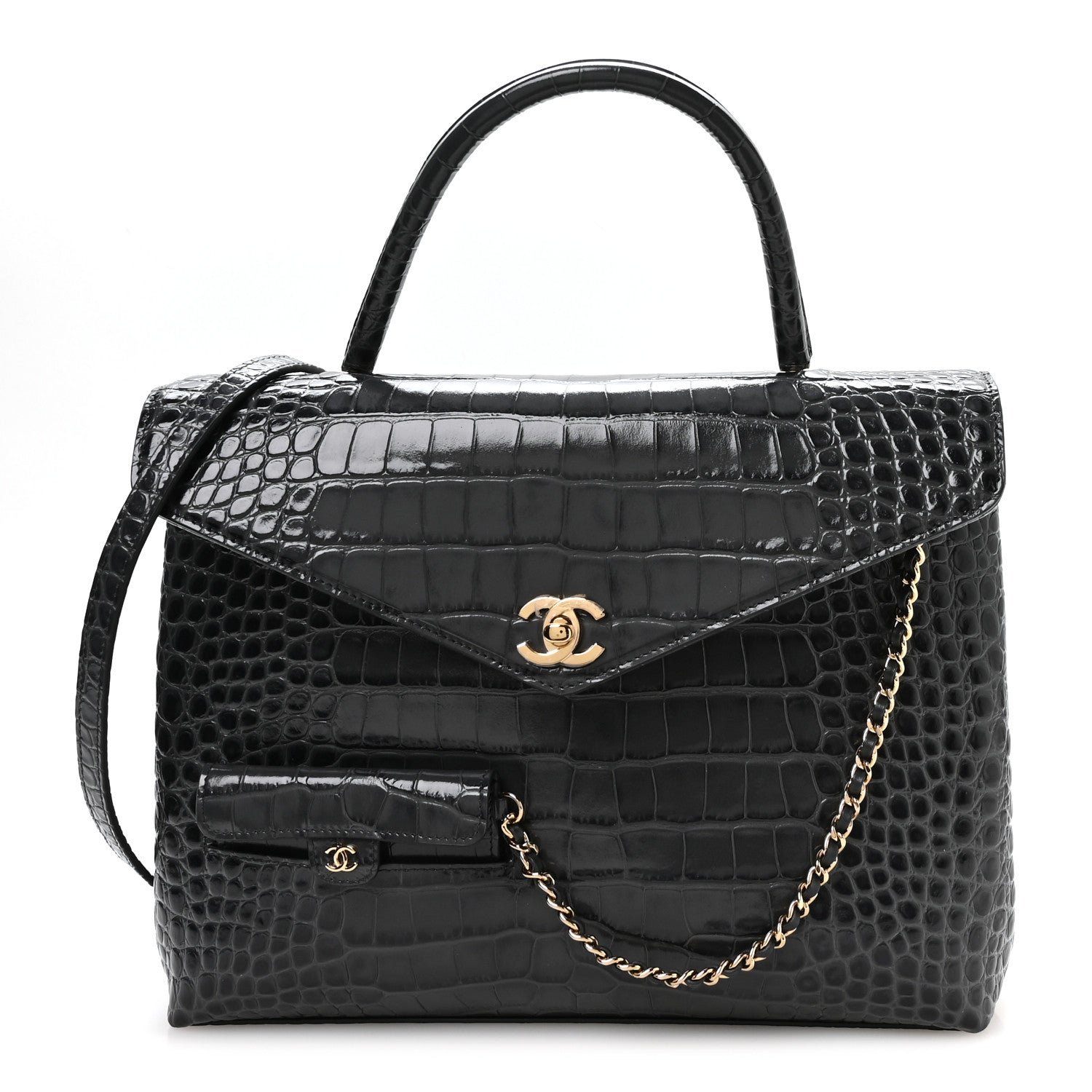 Chanel Calfskin Crocodile Embossed Fifth Avenue Maxi Flap Top Handle Bag Dark Grey