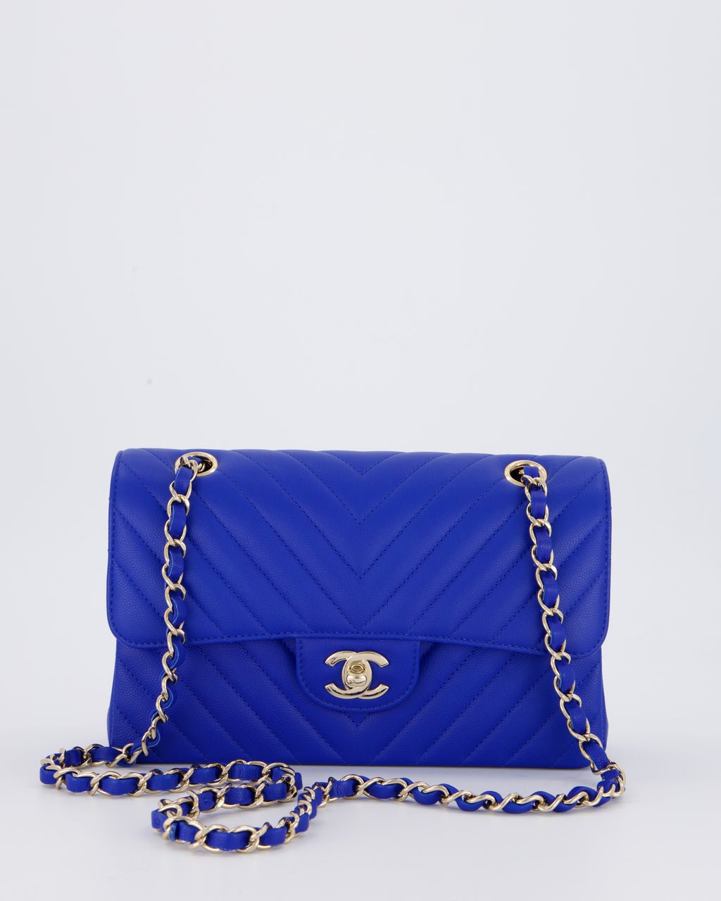 *RARE* Chanel Electric Blue Small Classic Double Flap Bag in Chevron Caviar Leather with Champagne Gold Hardware