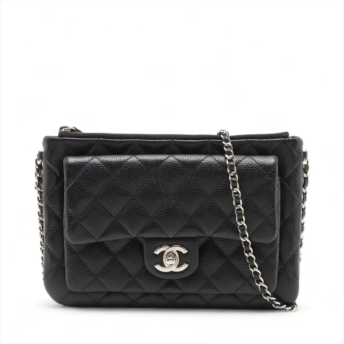 Chanel Matelasse Caviar Skin Chain Shoulder Bag Black Silver Metal Fittings 19XX