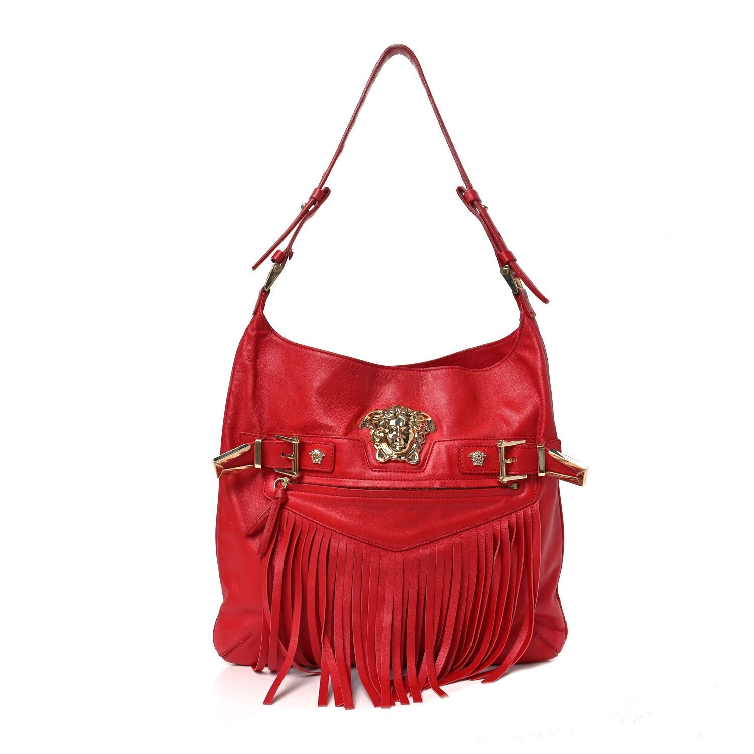 Versace Calfskin Palazzo Fringe Shoulder Bag Red