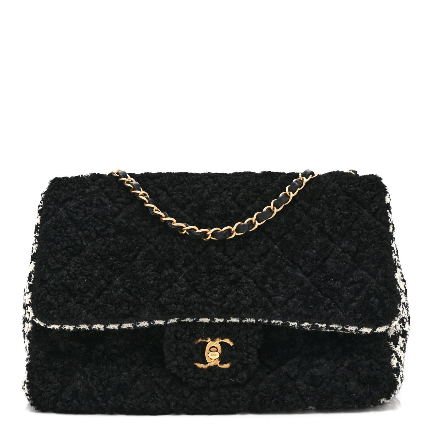 Chanel Shearling Tweed Jumbo Single Flap Black White