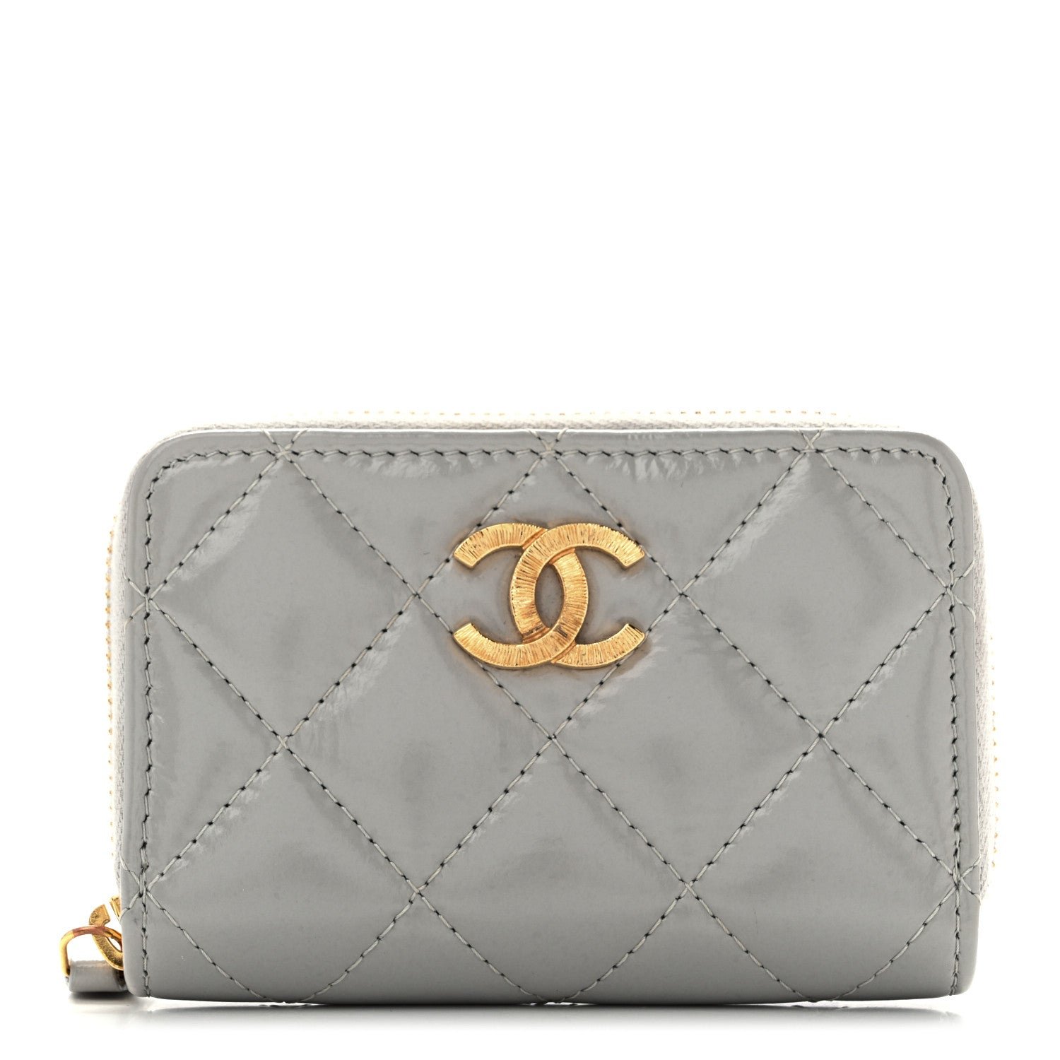 Chanel Shiny Lambskin Quilted Textured CC Zip Coin Purse Grey