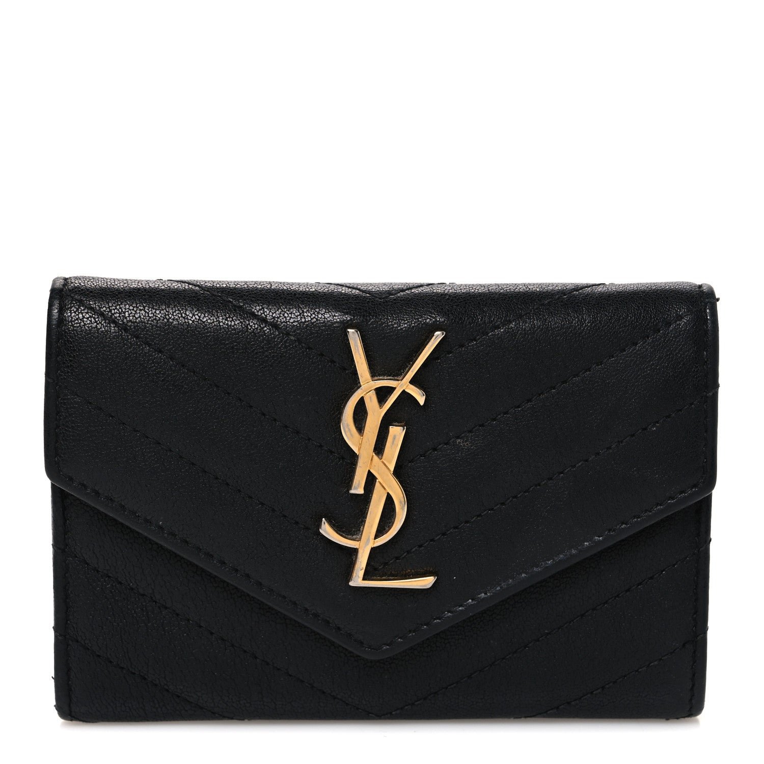 Saint Laurent Sheepskin Matelasse Chevron Small Monogram Envelope Wallet Black