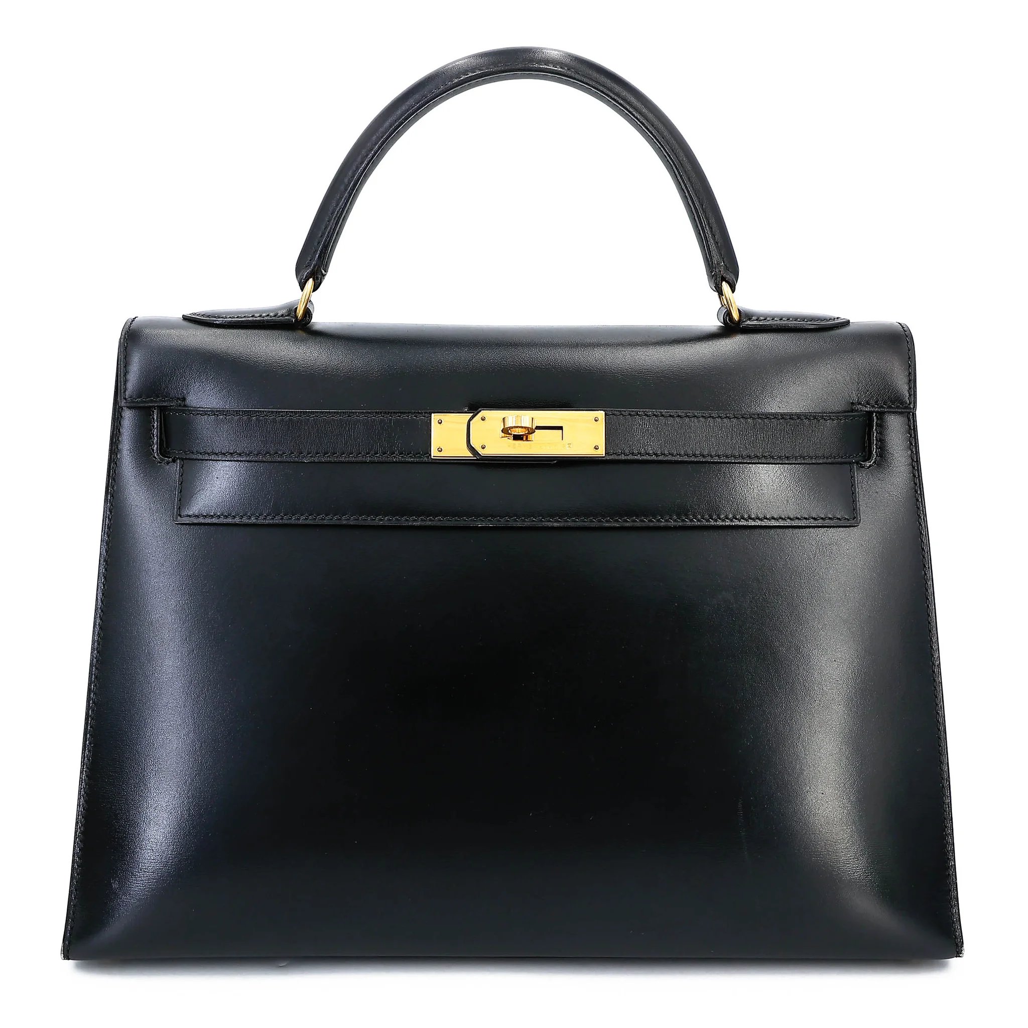 Very Good ( Rank A) HERMÈS Kelly 32 Sellier Noir (89) Box-calf Gold hardware Circle X (1994)