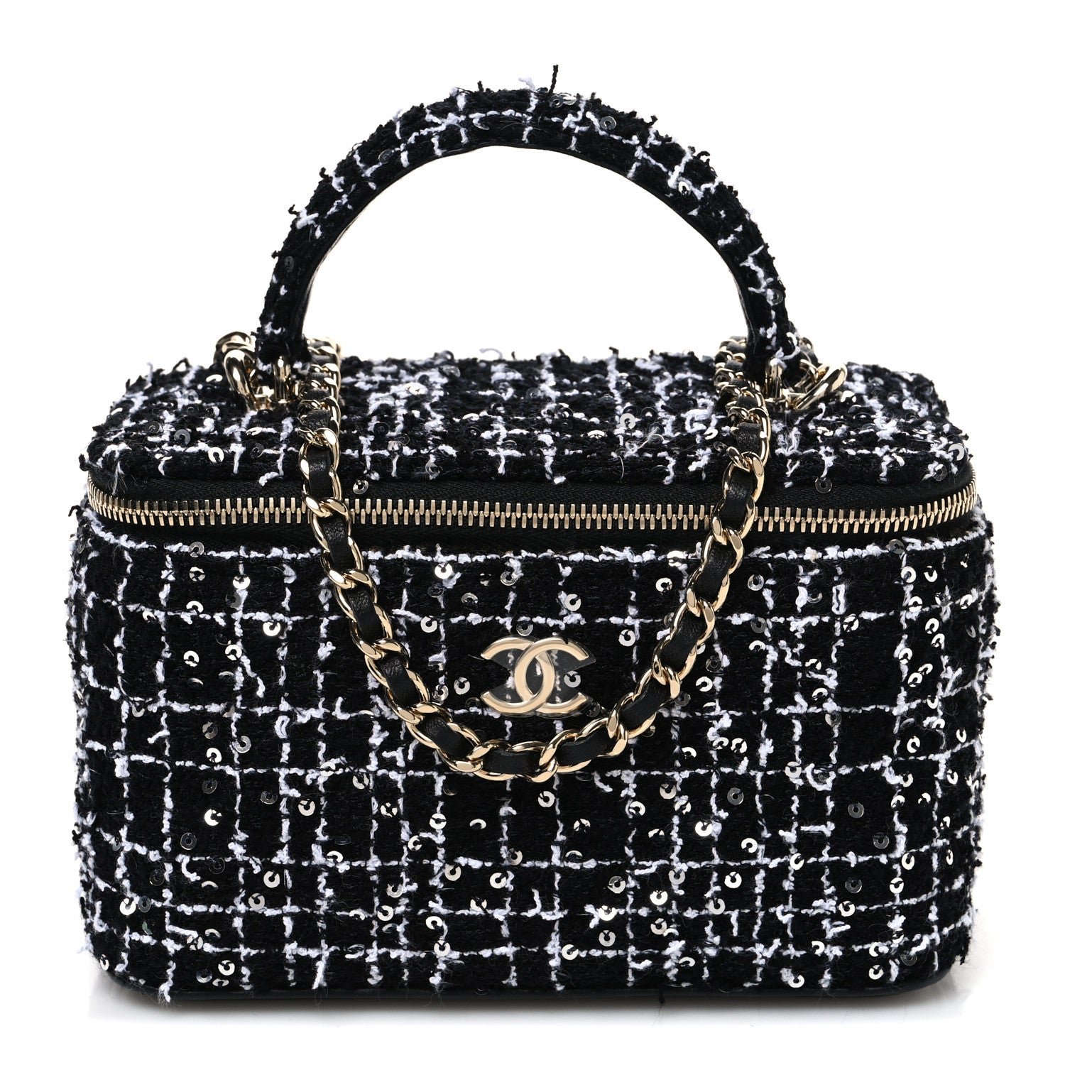 Chanel Tweed Sequin Small Top Handle Vanity Case With Chain Black White