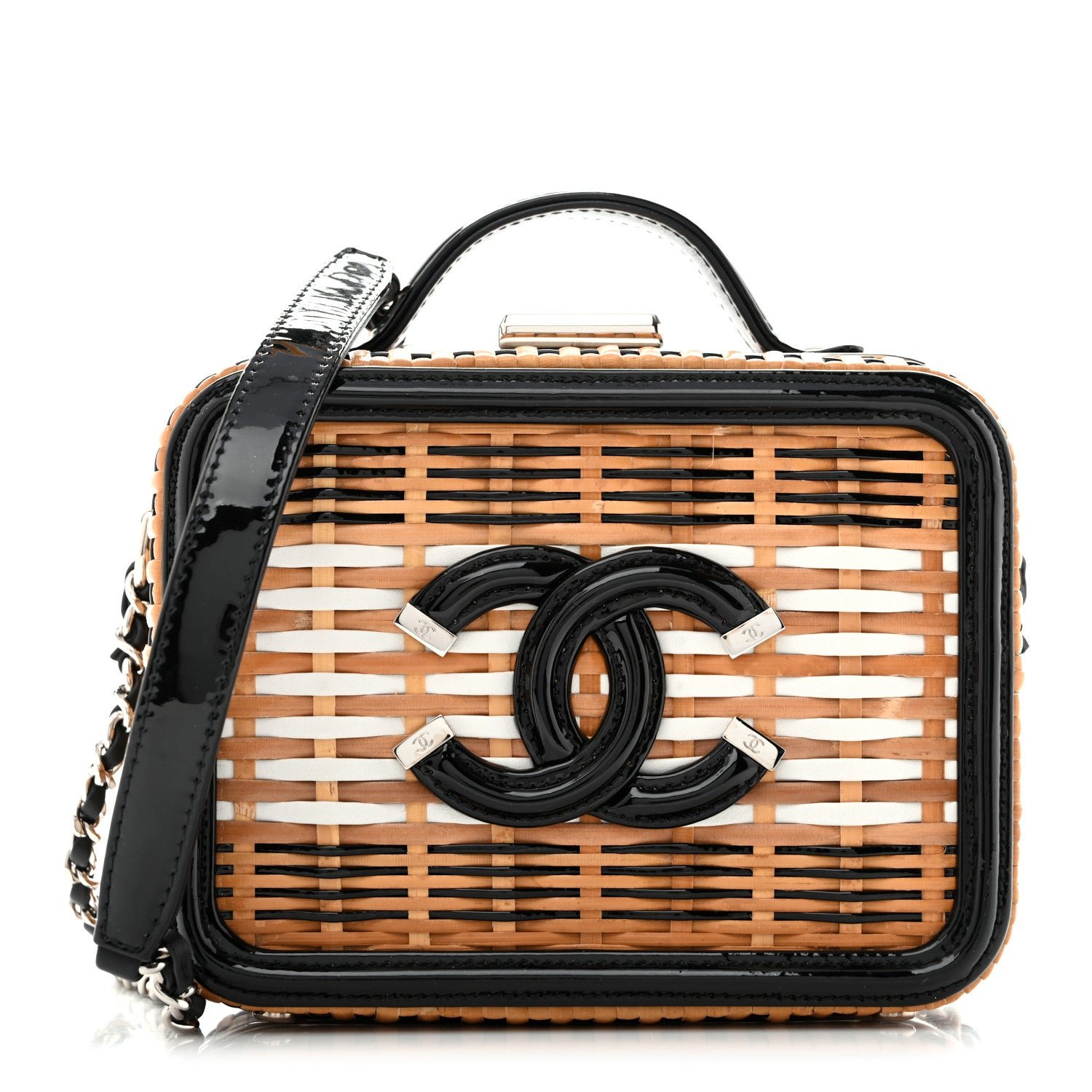 Chanel Raffia Patent Small CC Filigree Vanity Case Black