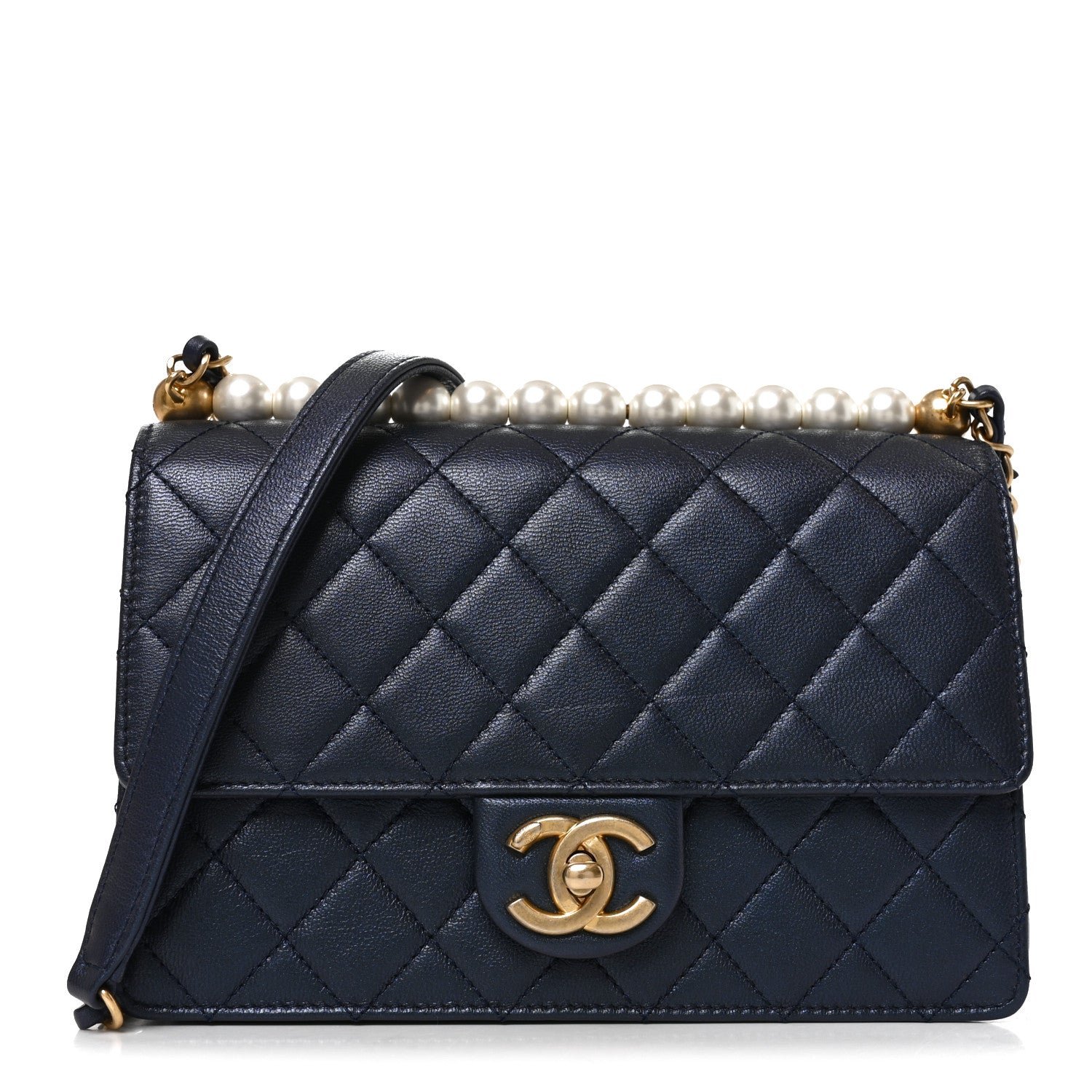 Chanel Iridescent Lambskin Quilted Small Chic Pearls Flap Navy Blue