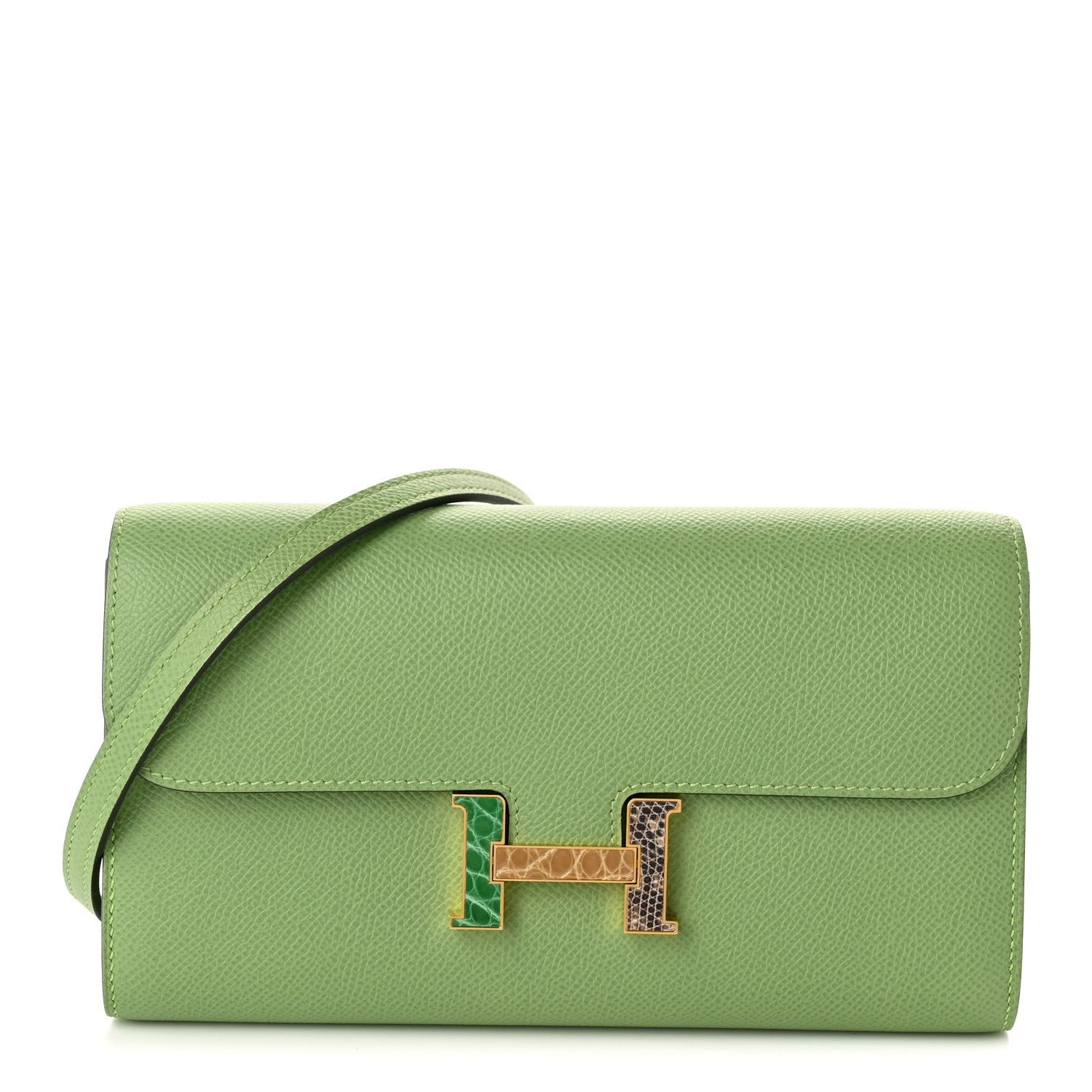 Hermes Epsom Alligator Lizard Constance Wallet To Go Vert Criquet Cactus Beige Sable Ombre