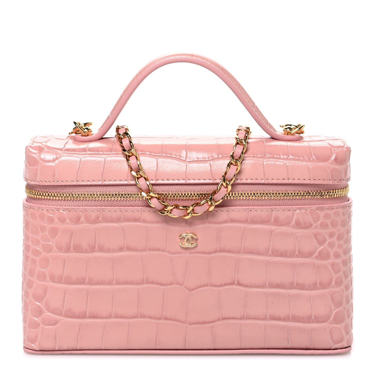 Chanel Calfskin Crocodile Embossed Crococo Exoticoco Vanity With Chain Light Pink