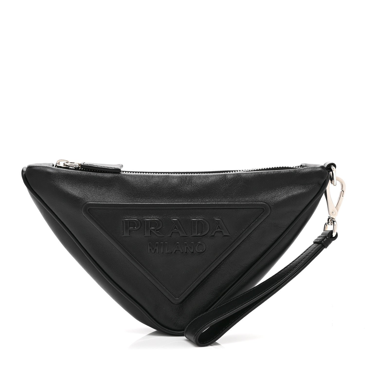 Prada Grace Lux Triangle Logo Embossed Triangle Wristlet Pouch Black