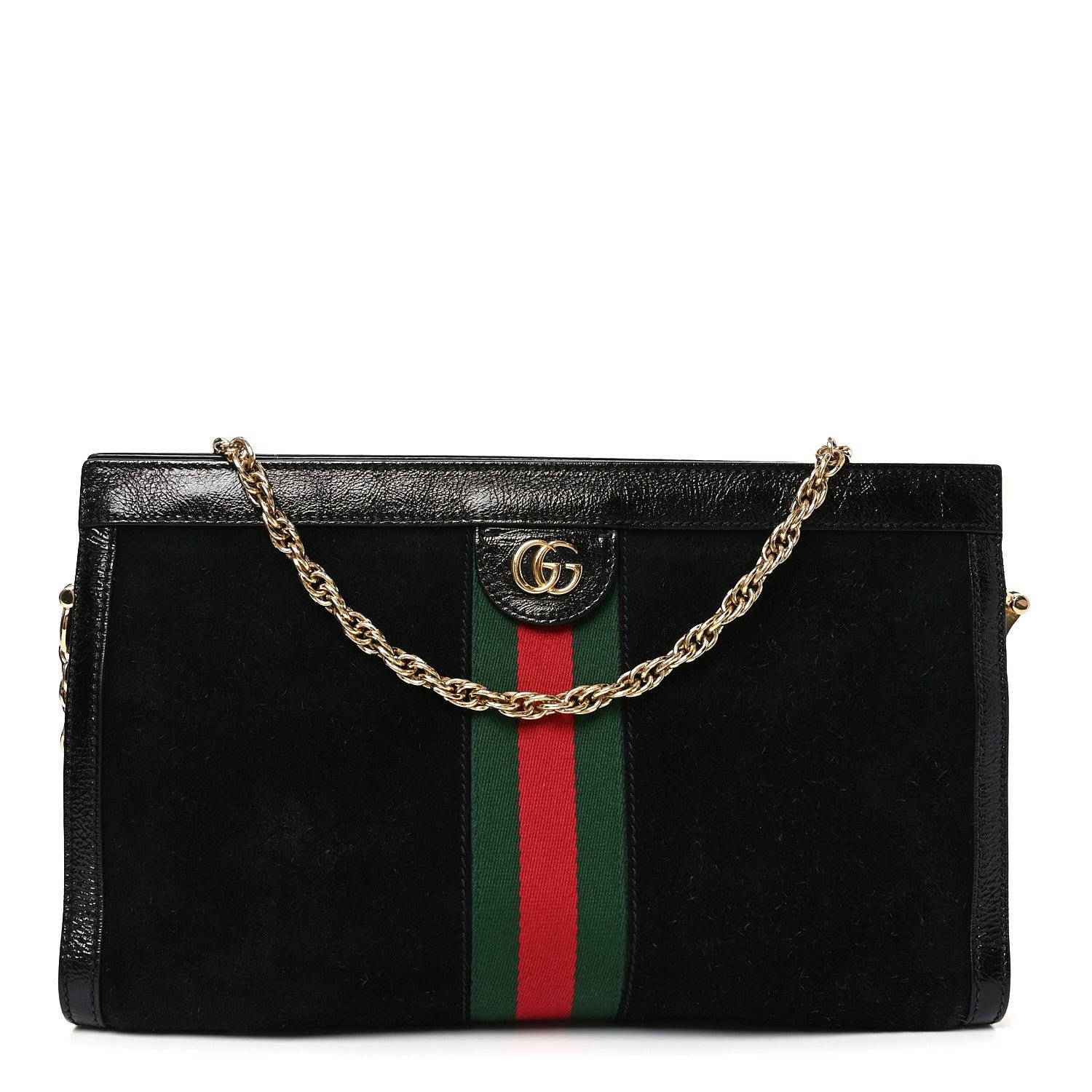 Gucci Suede Patent GG Web Medium Ophidia Chain Shoulder Bag Black