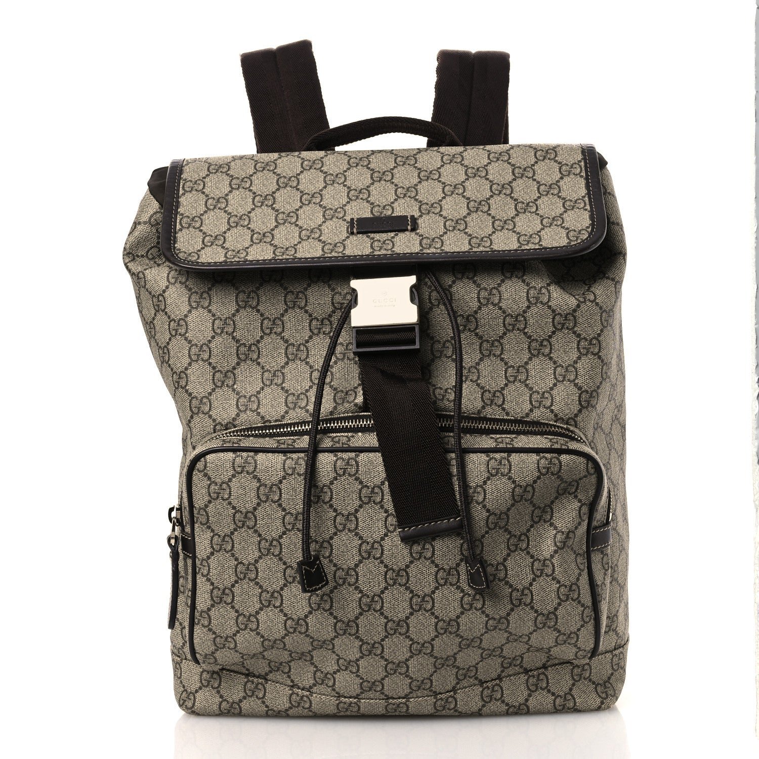 Gucci GG Supreme Monogram Medium Single Buckle Rucksack Backpack Beige Ebony Brown