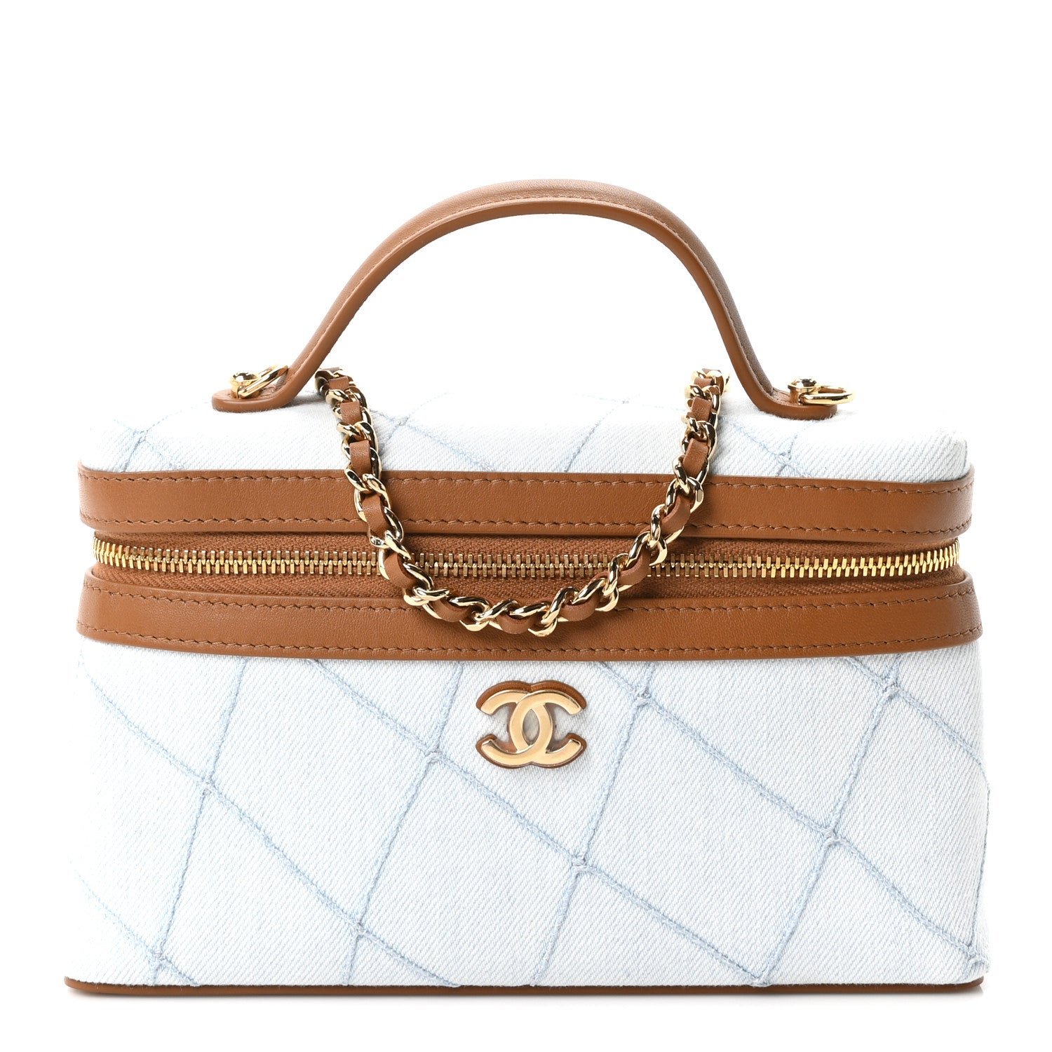 Chanel Washed Denim Calfskin Quilted Top Handle Slim Vanity Case With Chain Blue Brown