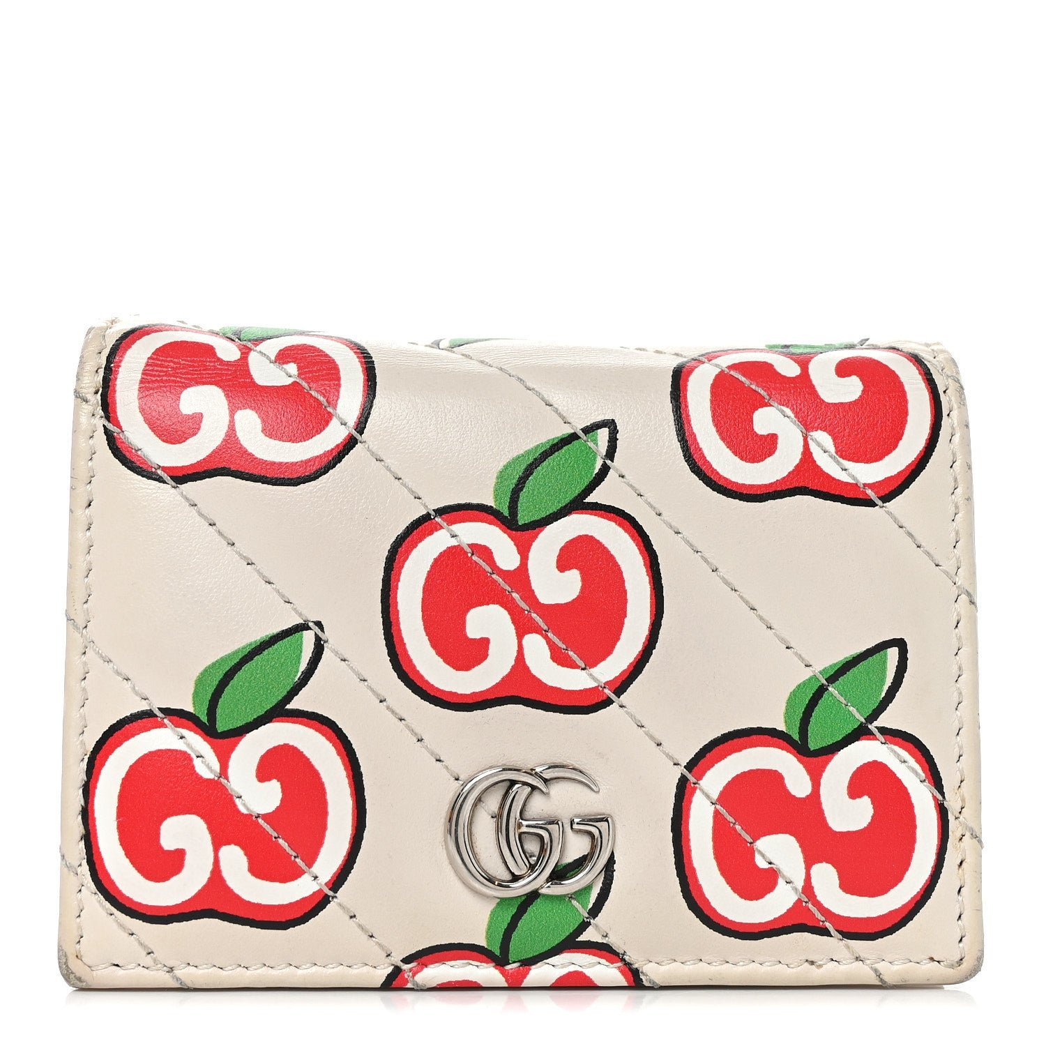 Gucci Calfskin Matelasse Diagonal GG Apple GG Marmont Card Case Wallet Ivory