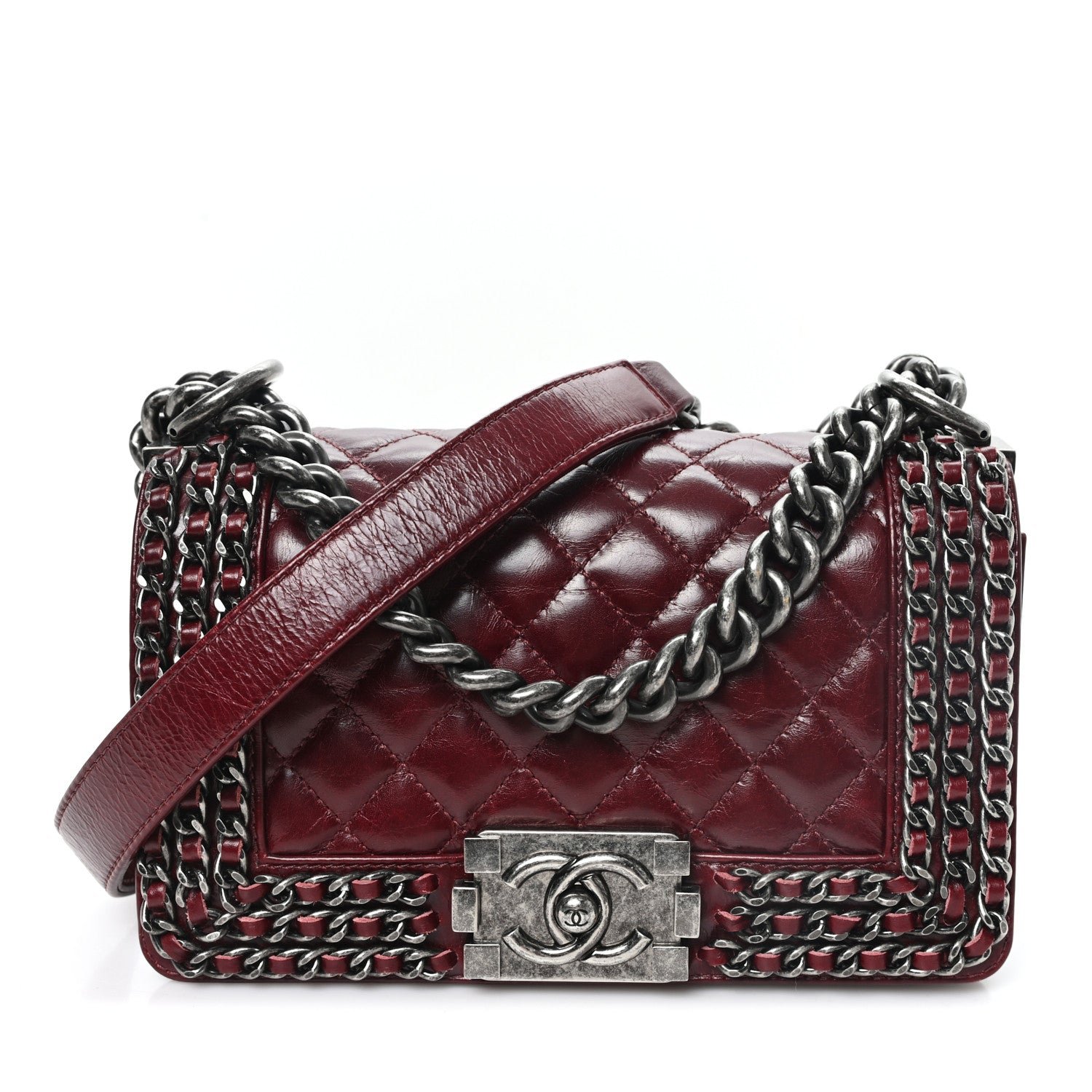 Chanel Glazed Calfskin Quilted Small Boy Chained Flap Burgundy